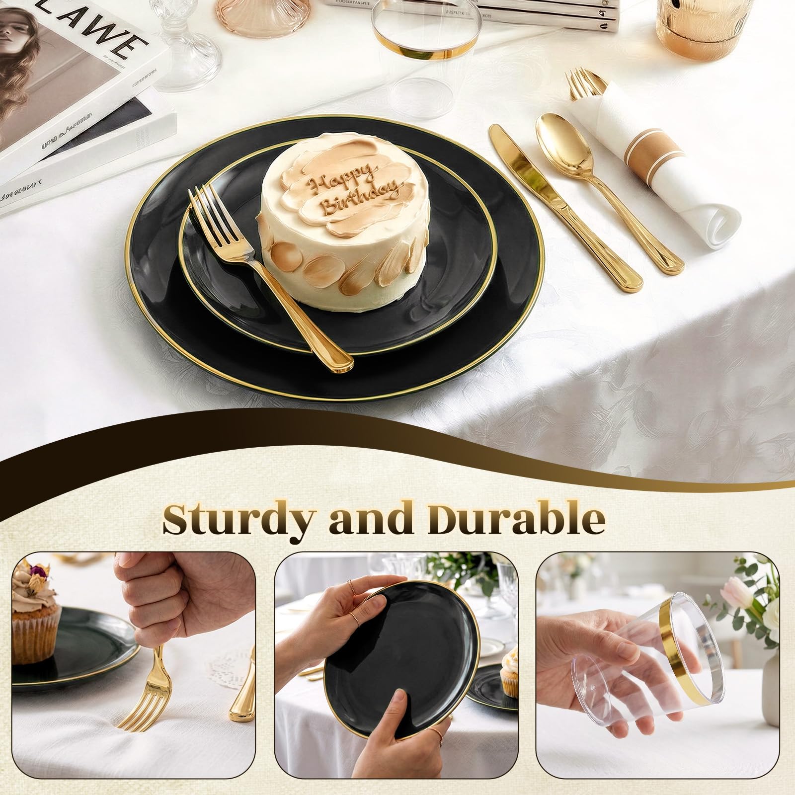 Black Gold Dinnerware Set - 25 Guest Party Plates -6