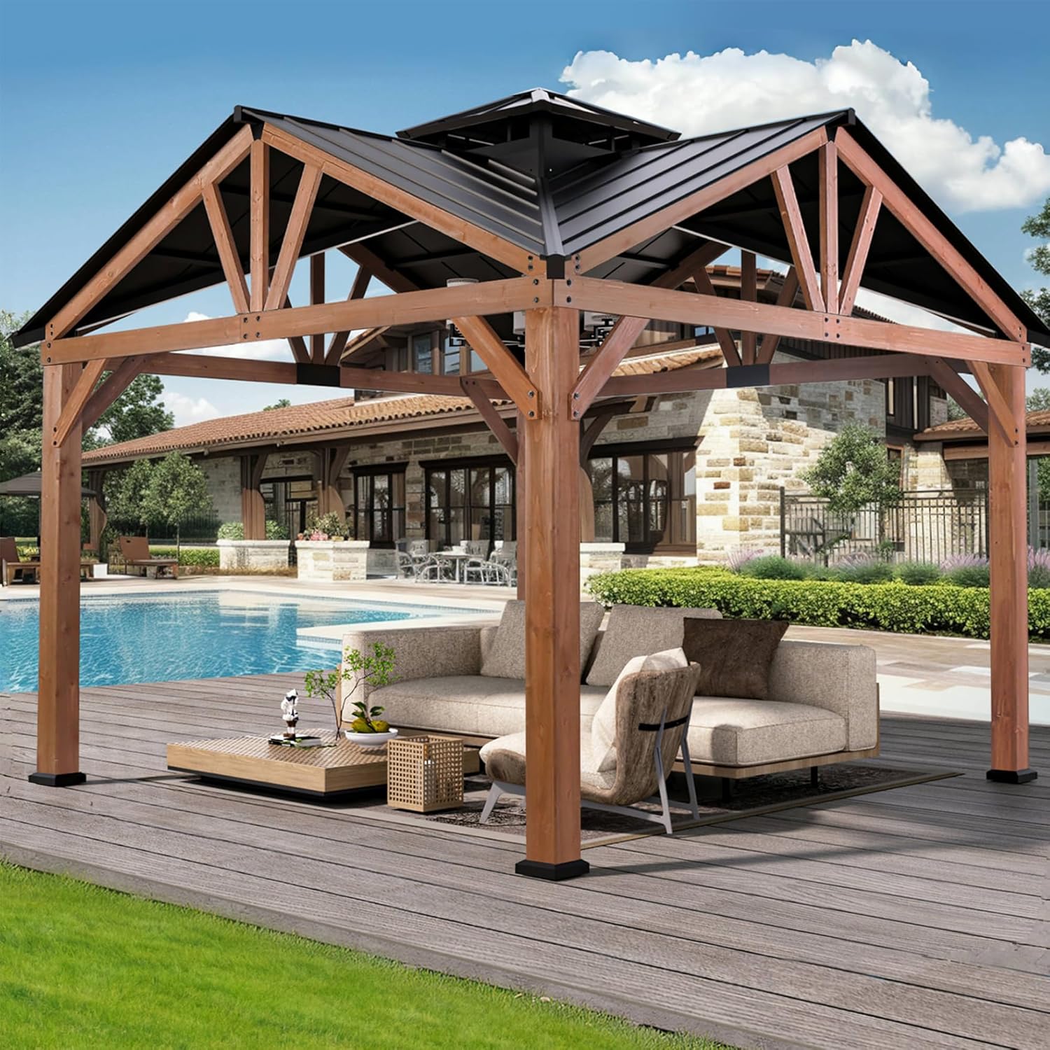 Modern Shade Cedar Wood Gazebo 12 x 12, Heavy Duty Hardtop Gazebo with Steel Roof, Water Resistant, Wind Resistant, Solid Wood Framed Pavilion, Perfect for Your Permanent Outdoor Pavilion