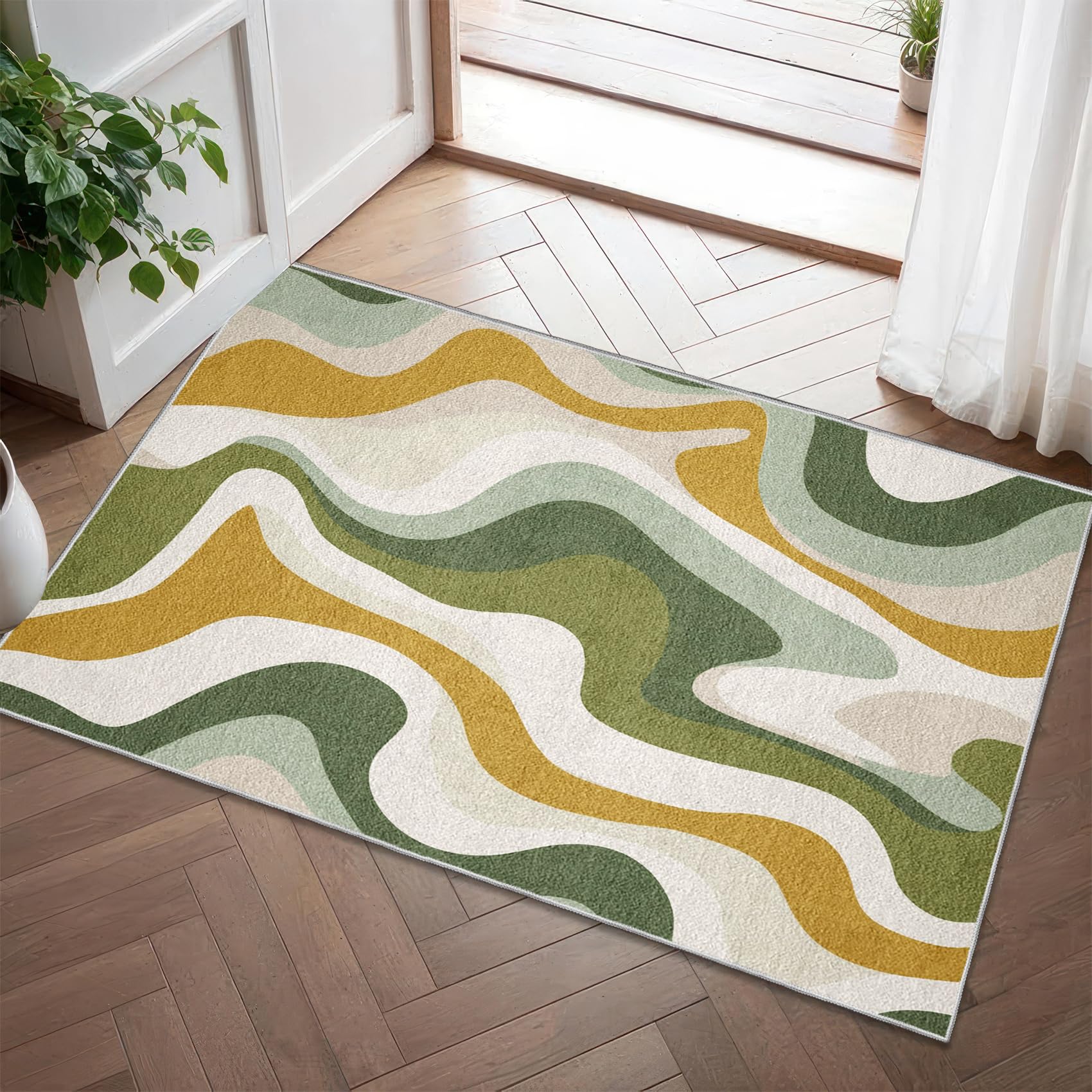 Générique Tapis Salon Vintage 70s Abstrait 140x200 cm, Vague Groovy Retro Tapis Chambre Antidérapant, Jaune Moutarde Vert Sauge Tapis à Poils Ras Lavable pour Bureau Salle à Manger Cuisine R1J192t