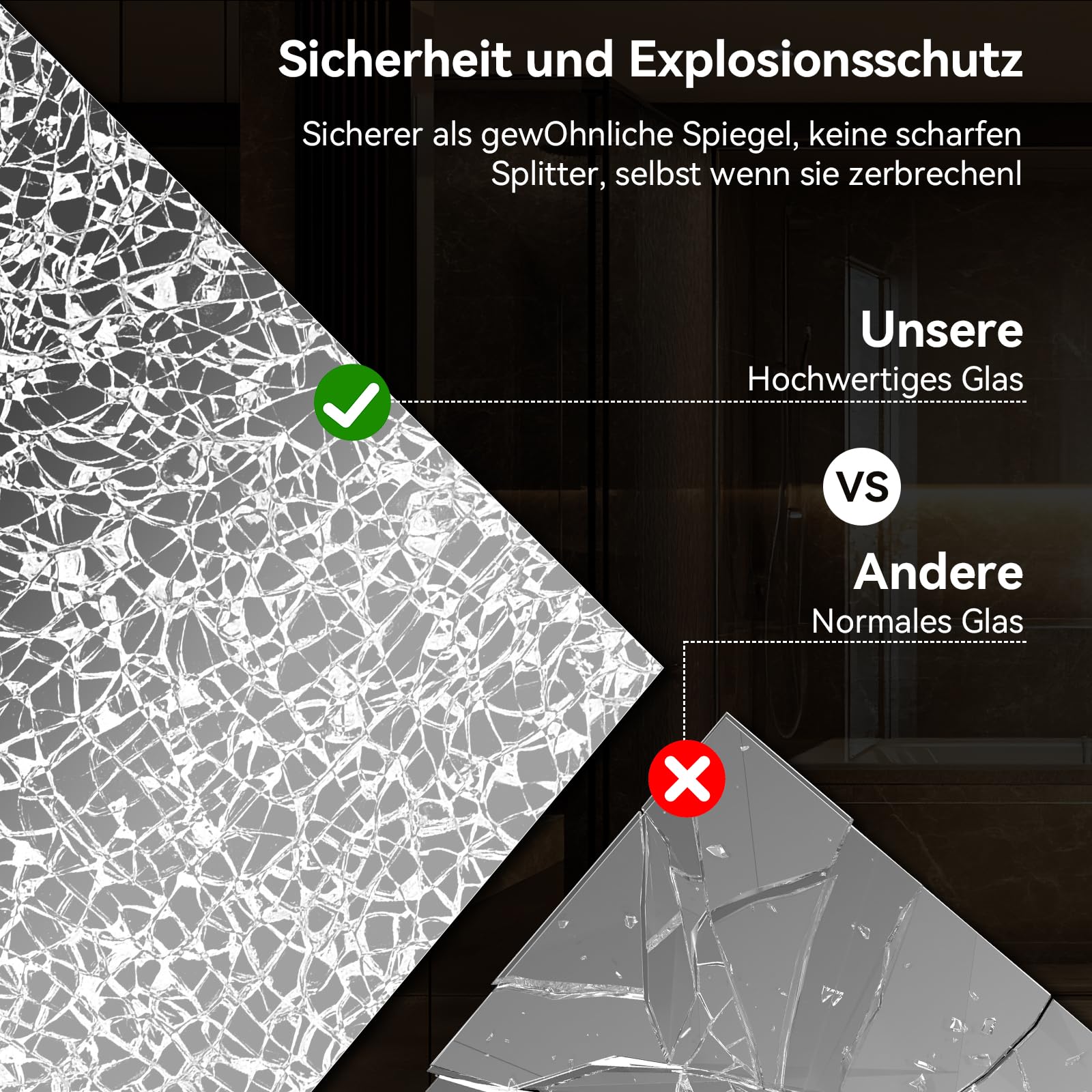 YU YUSING Badspiegel mit Beleuchtung 70x50cm Badezimmerspiegel LED Mit Uhr | Beschlagfrei, 3 Lichtfarbe Dimmbar, Wandspiegel Metallrahmen mit Touch-Schalter, LED Spiegel mit IP44, Vertikale Schwarz