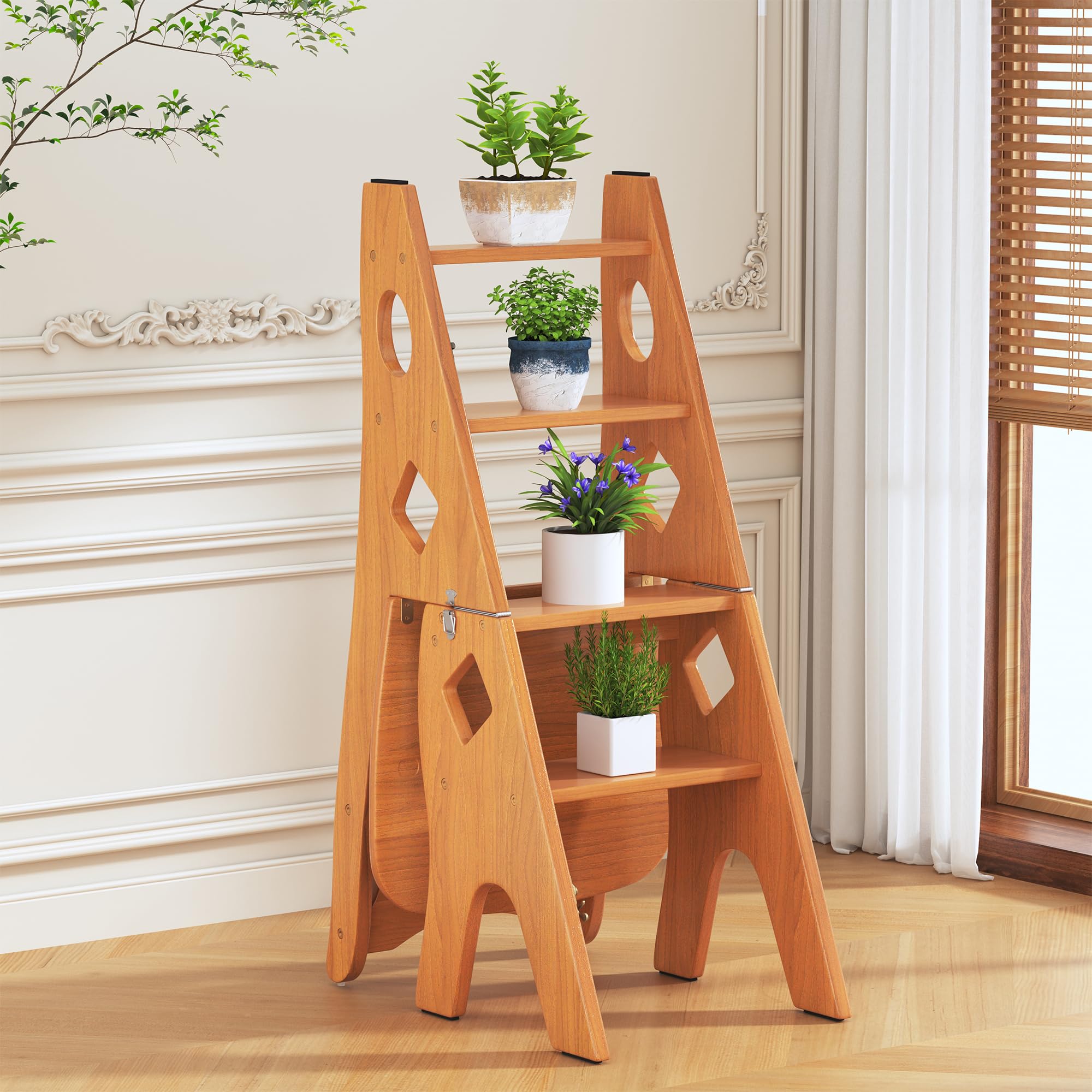 OBong 4-staps klimtreden bloemenrek displaystandaard/massief hout opvouwbare bibliotheek ladder stoel opstapkruk opvouwbare 4-staps kruk voor tweeërlei gebruik (hout 46 x 35 x 90 cm) (hout 46 x 35 x