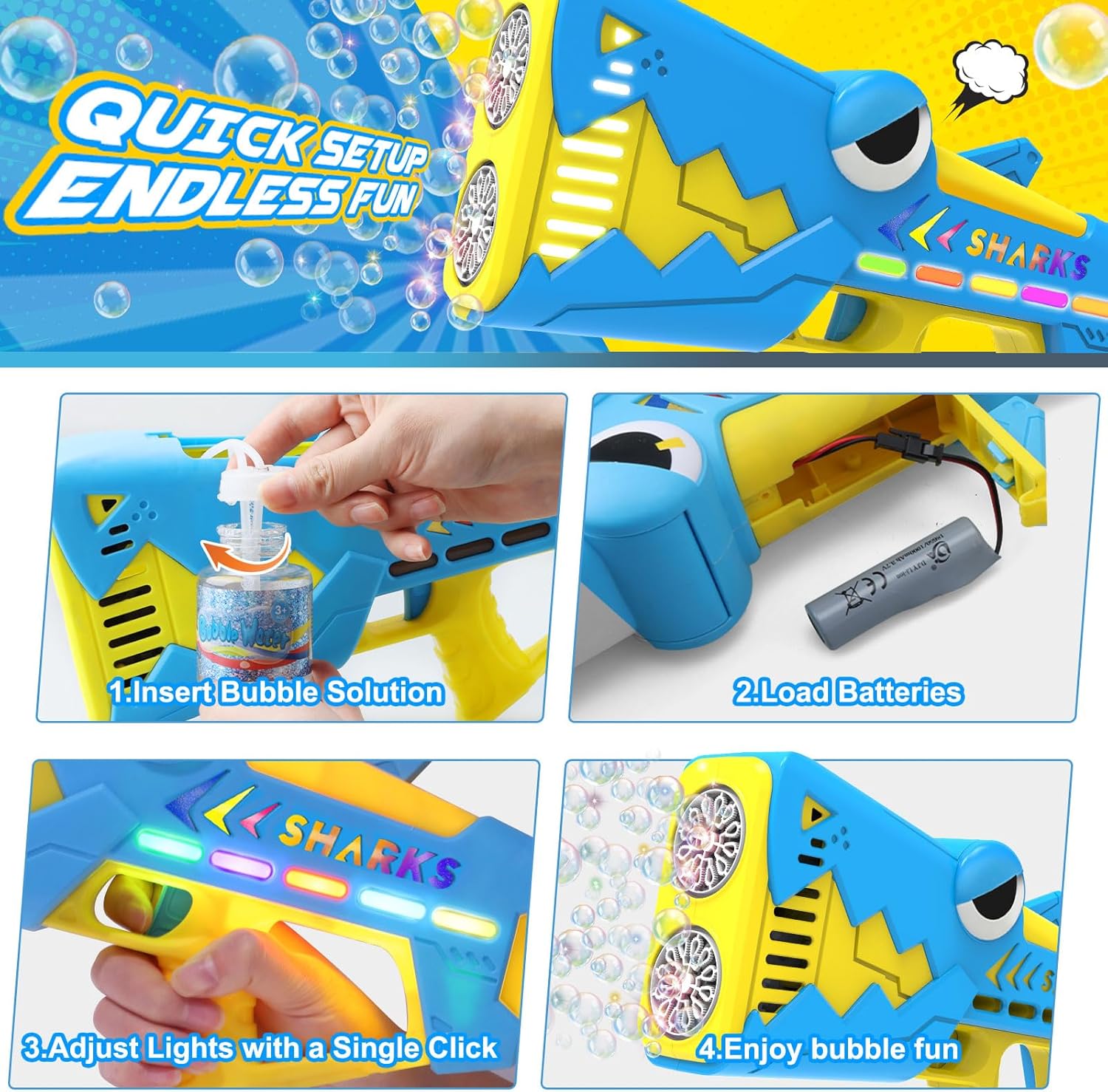 Bubble Gun for Kids Ages 4-8: Shark Light Up Bubble Machine for Toddlers, Rechargeable, 2 Bubble Solution, Outdoor Toy Party Birthday Gift for 3 4 5 6 7 8 Year Old - Image 5