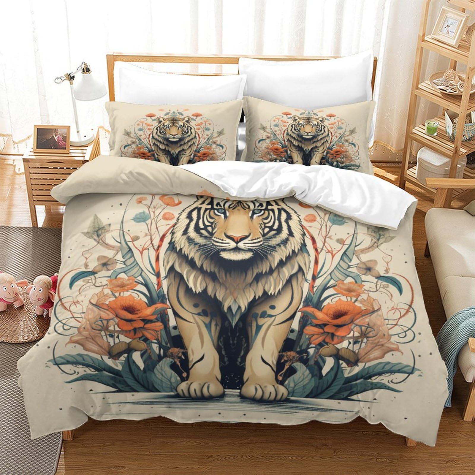 P1S9U7W5Y Artistic 3D Printed Tiger Floral Microfiber 3 Piece Duvet Cover Set Bedroom Decor Animal Bedding Set for Adults Teens King（220x240cm）