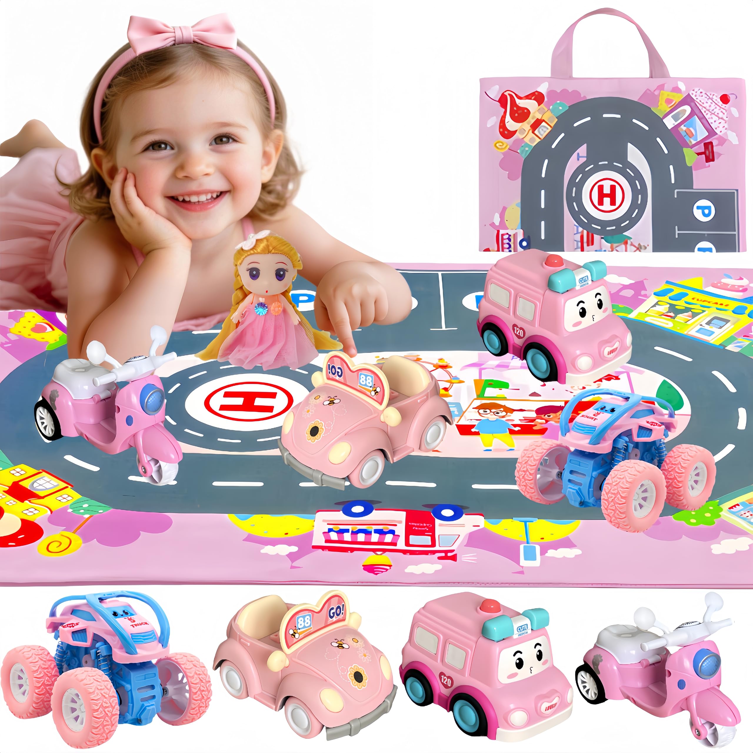 Toddler Girls Brithday Gifts Sets for Age 2 3 4 5, Girls Princess Car Toy Set with Baby Doll, Storage Bag for Traffic Safety Education, Birthday Gifts