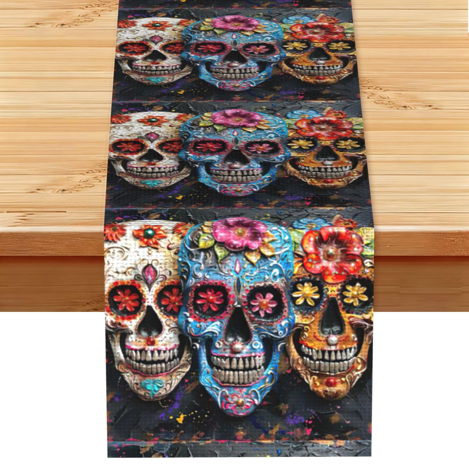 sugar skulls Vintage Style Table Runner 13x72in, Soft Printed Centerpieces for Tables, Kitchen, Countertops & Dining Area Home Decor