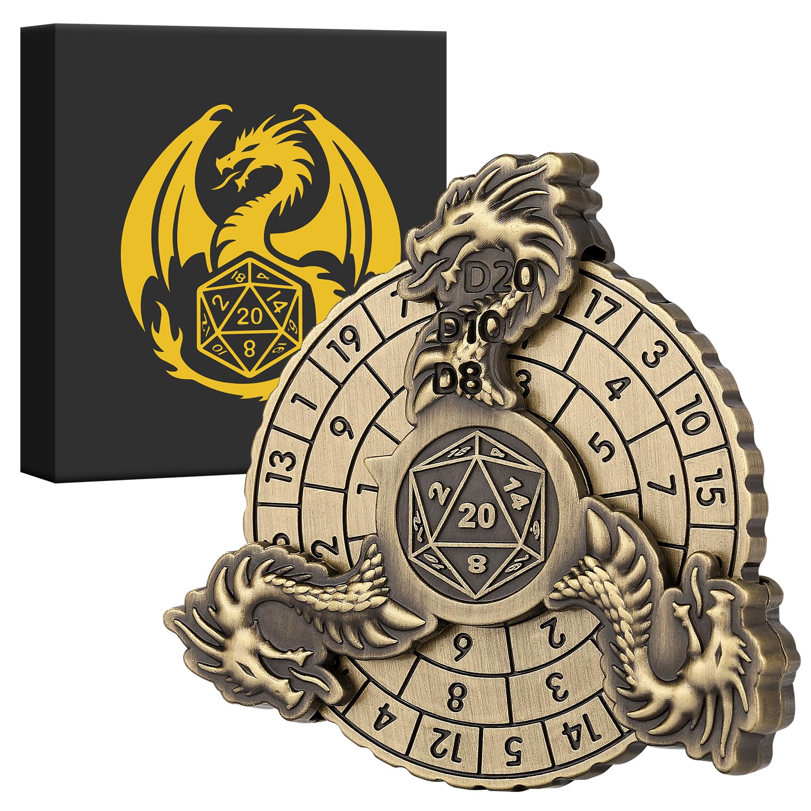 7-in-1 Dragon Fingertip Gyro, DND Wheel Dice Spiner, DND Starter Set, 7-in-1 Metal Dice Set, D&D Gifts with Dragon Logo Gift Box, Tabletop Games, Role Playing Board Game Accessories, Bronze