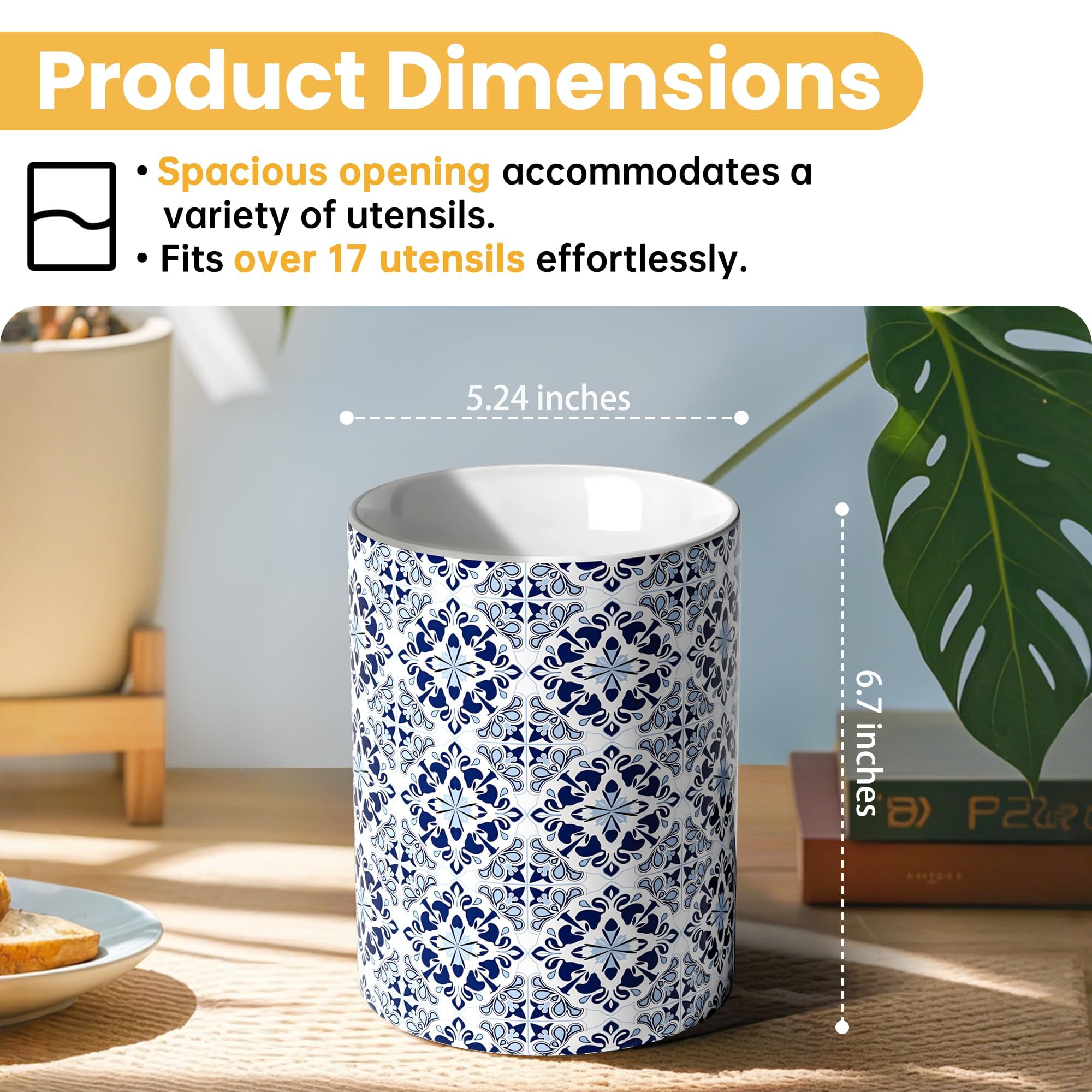 Soporte para utensilios de cocina de cerámica blanca y azul para encimera, soporte decorativo para utensilios de cocina, soporte para espátulas, decoración de cocina, vajilla grande para