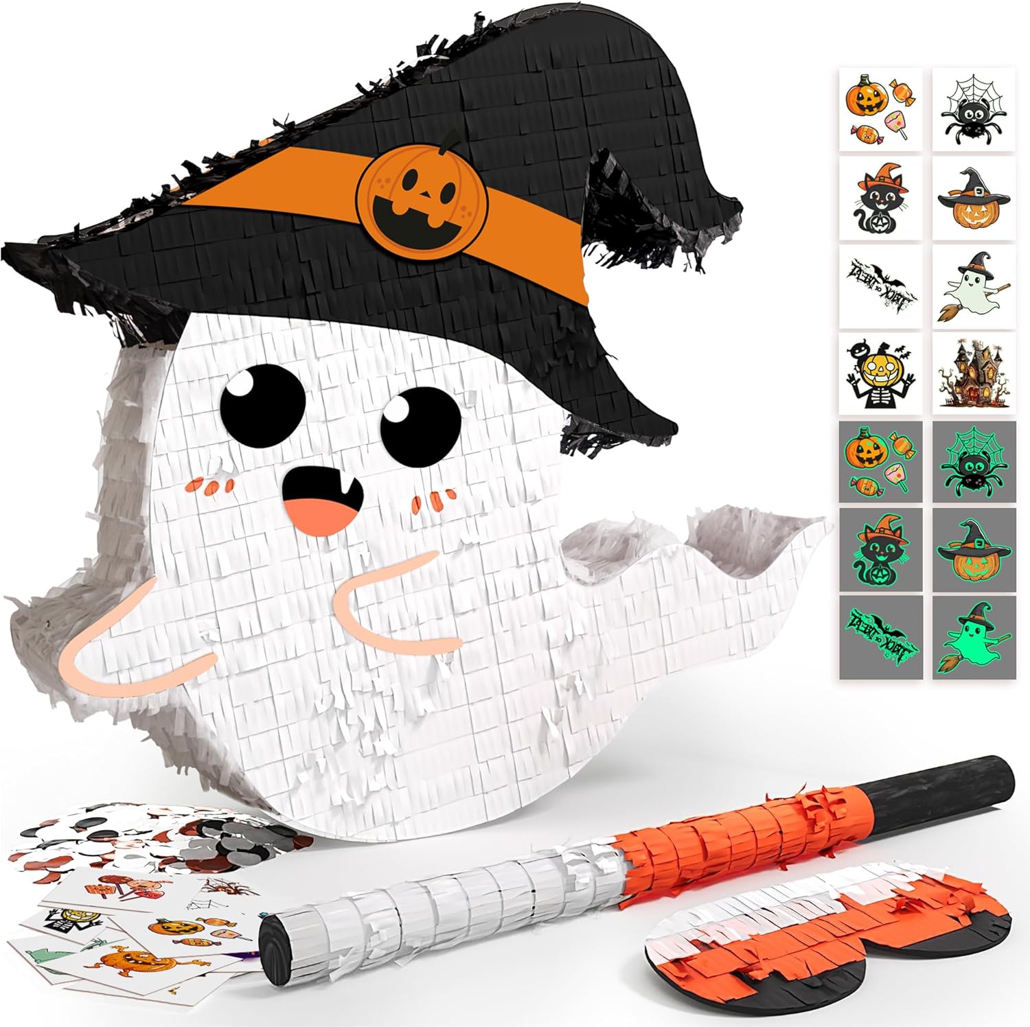 Halloween Ghost Pinata, Halloween Piñata with 100 pcs Halloween Tattoos, Stick Blindfold and Confetti, Cute Halloween Birthday Pinata Party Games Decorations for Kids Adults (Ghost with Hat)