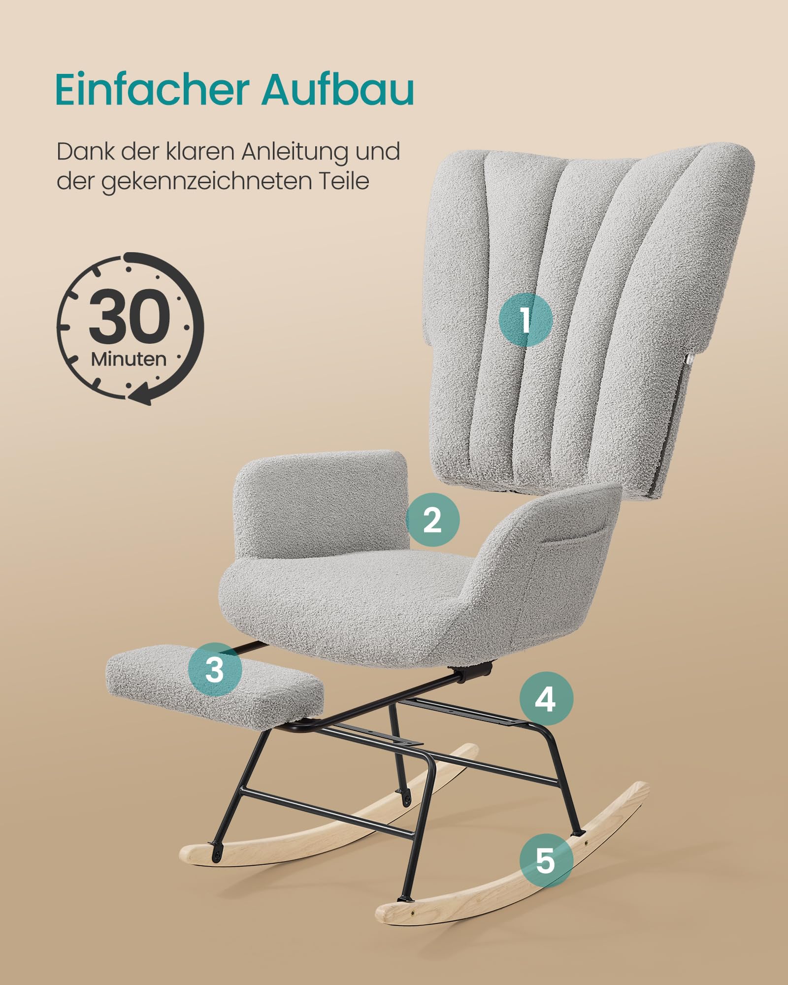 SONGMICS Schaukelstuhl, Relaxsessel, ausziehbare Fußstütze, Schaukelsessel, abnehmbares Kissen, Seitentaschen, Holzbeine, Fleece, für Schlafzimmer, Wohnzimmer, Taubengrau LYY018G101