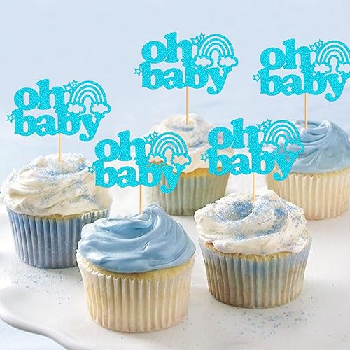 Miniatura 5 de Ercadio Paquete de 24 adornos bohemios para cupcakes con diseño de arco iris Oh Baby para cupcakes, color azul, boho, arco iris, Oh Baby para tartas