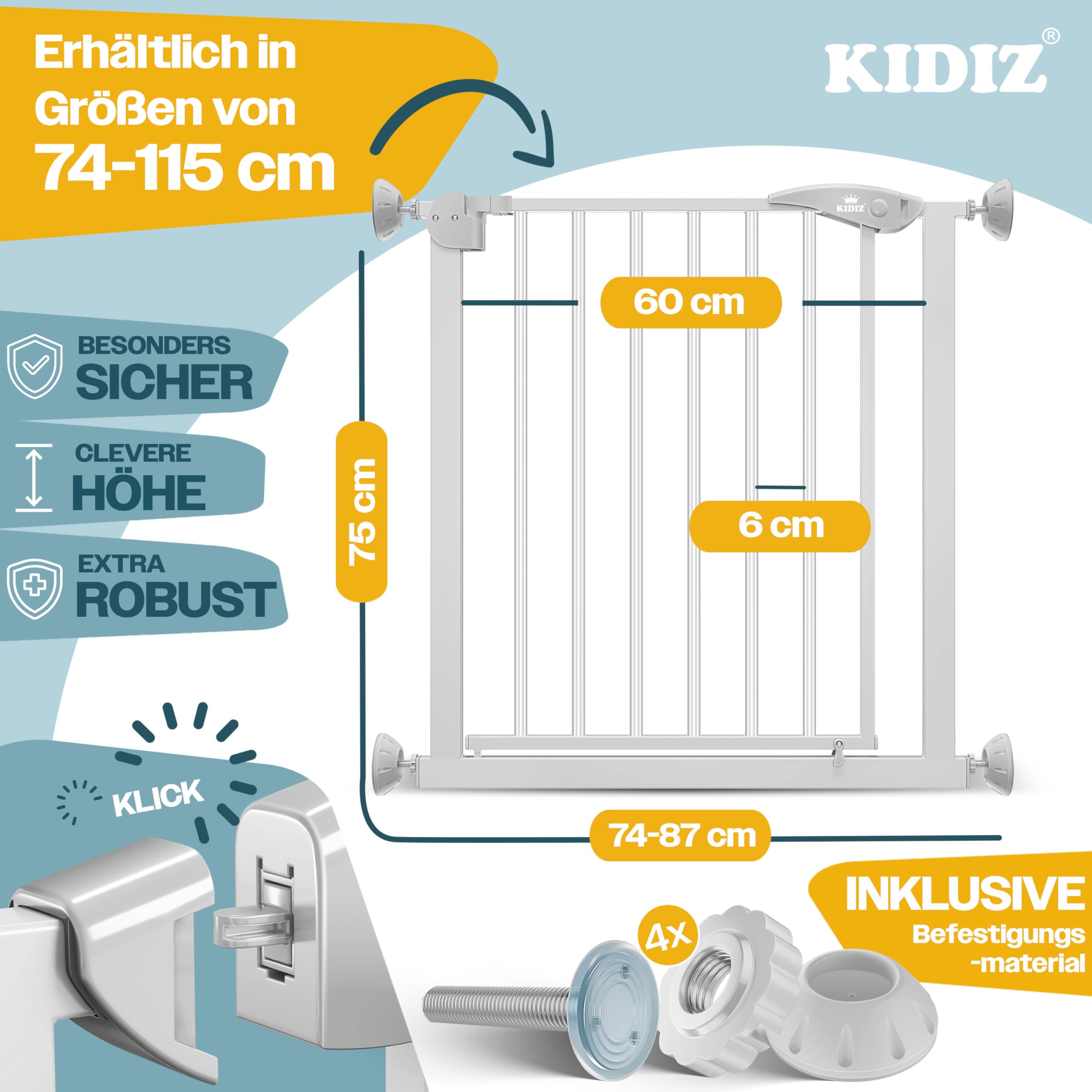 KIDIZ® Griglia di protezione per porte e scale, per bambini, senza forature, orientabile su entrambi i lati,