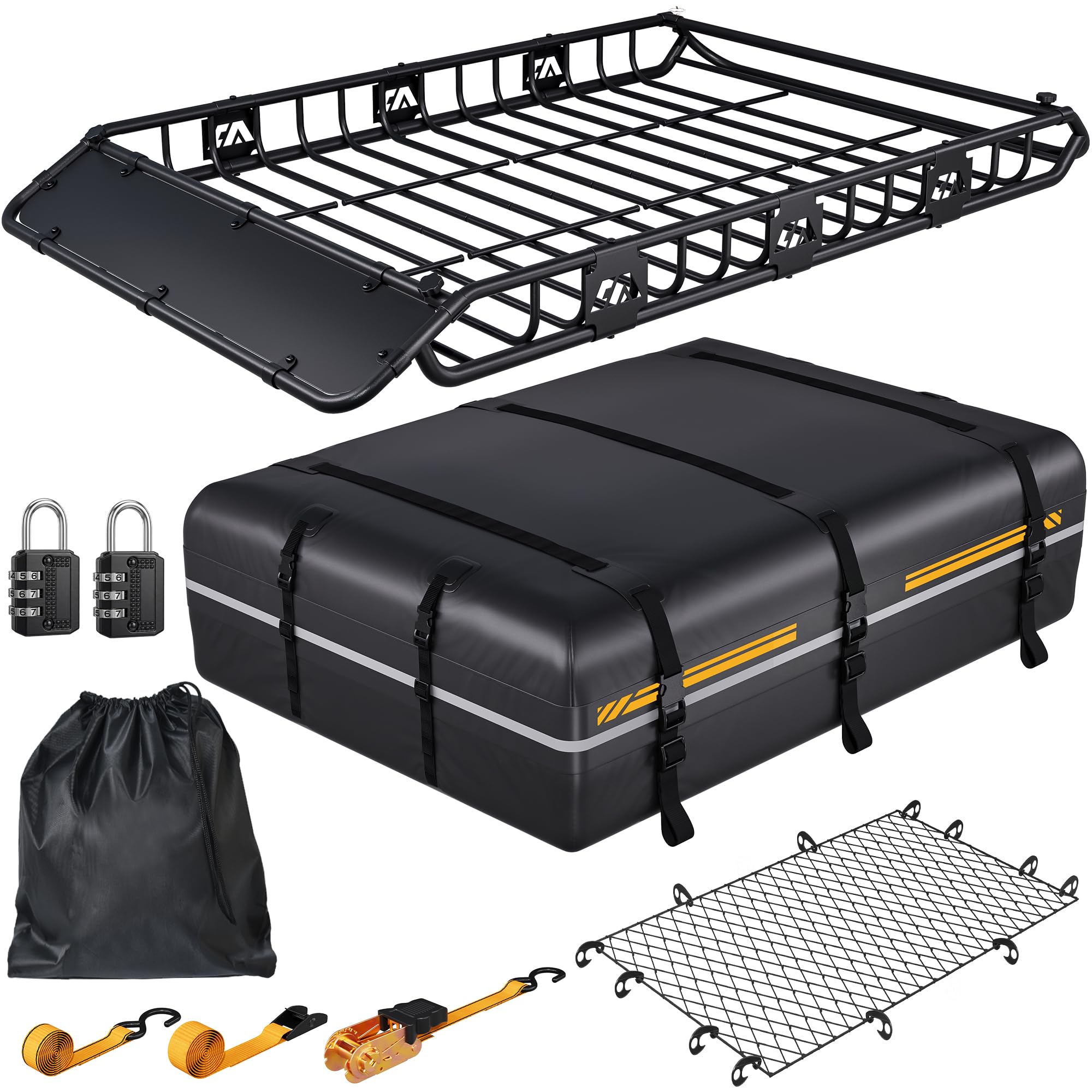 Dachgepäckträger 163 x 99 x 13 cm mit wasserdichter Dachtasche 556L | 90kg Tragfähigkeit, Verstellbare Trennstange, Gepäcknetz, Spanngurte & Schlösser, Universal für SUV Pickup Camping