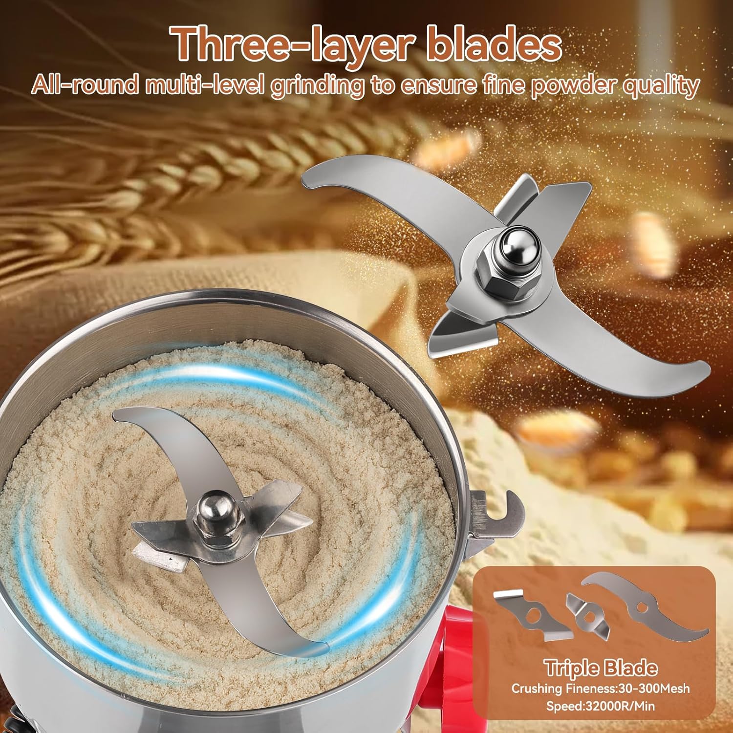 Grain Mill Grinder - 1000g High-Speed Electric Stainless Steel grain mill with 270° Swing Grinding Technology for Grains, Millet & Spices - Spice Grinder Ideal for Commercial, Kitchen Shop Use