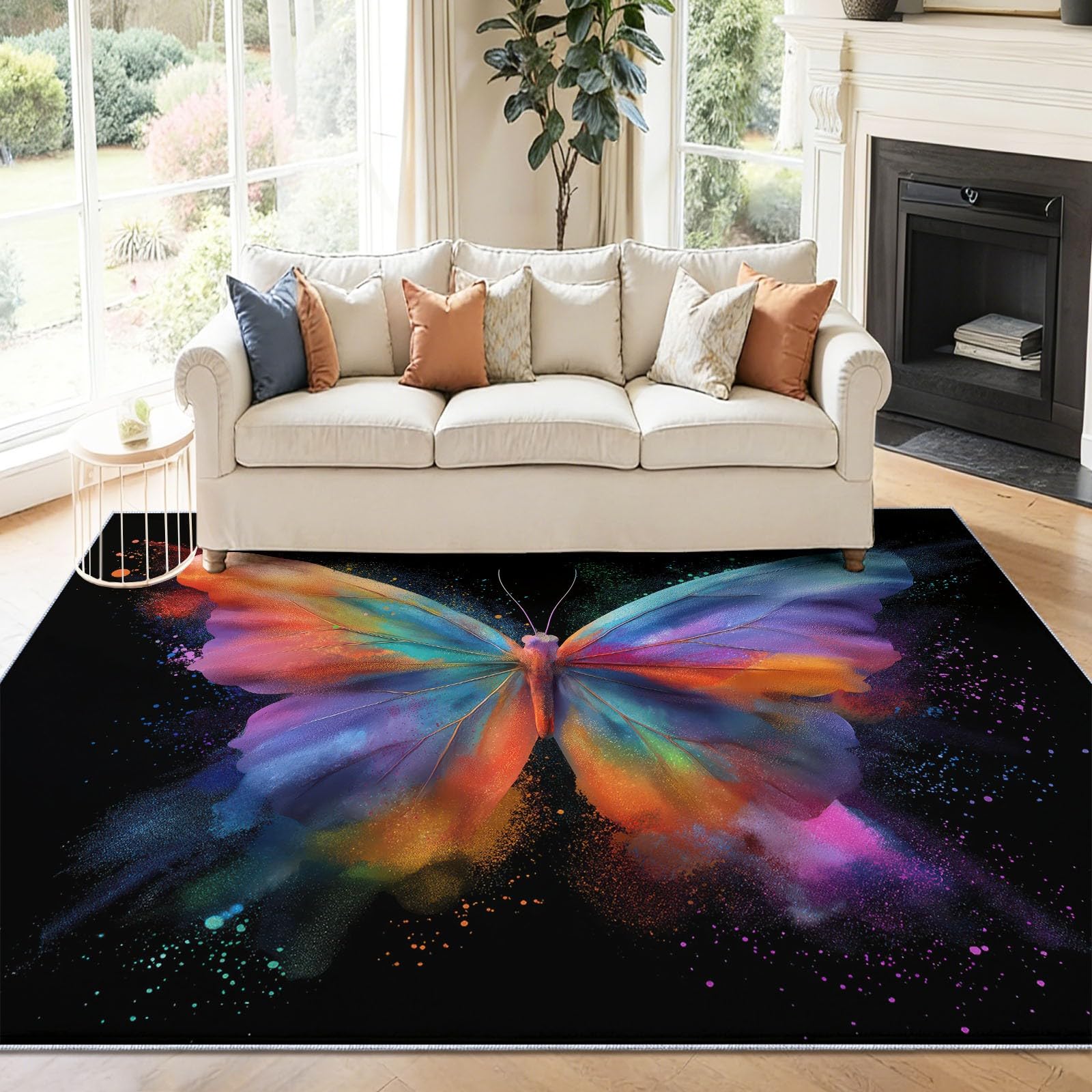 Moquette anti-tache lavable et grand tapis motif papillons pastel