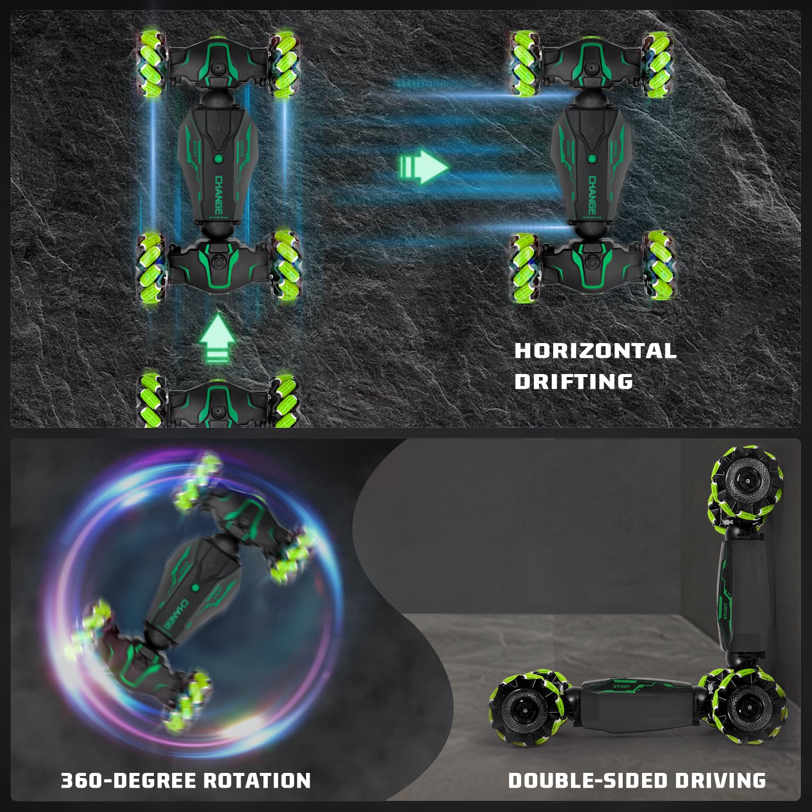 Yellcetoy Macchina Telecomandata con Musica e Luce, 2.4GHz 4WD Auto Telecomandata Spray Drift Car RC Stunt Car Regalo per Bambini 6 7 8 9 10 11 12 anni Verde