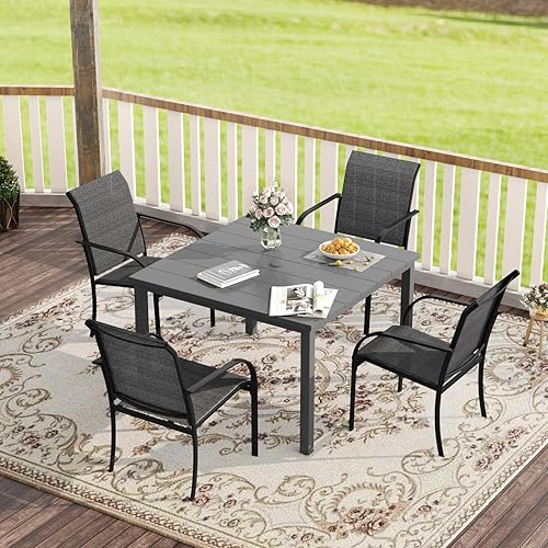 VICLLAX Patio Dining Set for 4, Outdoor Furniture Set Includes 40.2" Square Patio Table and 4 Stackable Patio Sling Chairs, Patio Table and Chairs for Outsides, Grey Table and Dark Grey Chairs