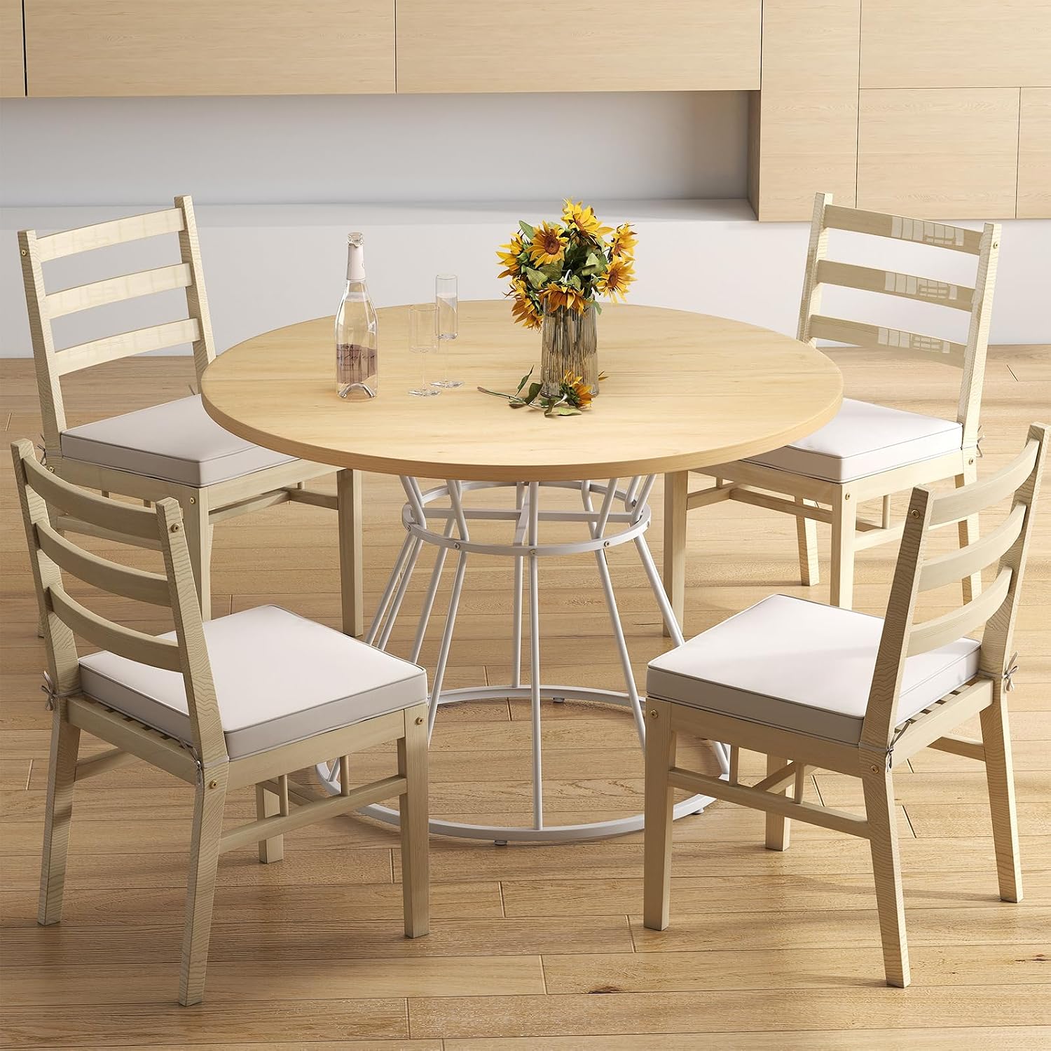 Giantex 47" Round Dining Table for 4, Farmhouse Kitchen Table with Sturdy Metal Frame, Space Saving Circle Dinner Table for Home Office Living Dining Room, Dinette (Natural+White)