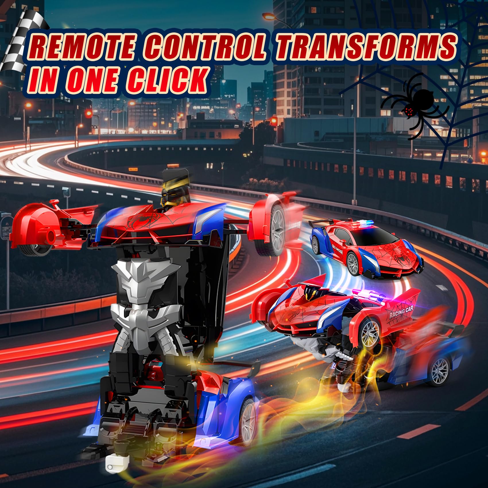 Macchina Telecomandata Spider, 2.4GHz Robot Trasformabile Spider RC Auto con Telecomando, 2 in 1 Macchina Polizia Giocattolo Bambini con Luce Lampeggiante, Auto Robot Trasformabile per Bambini