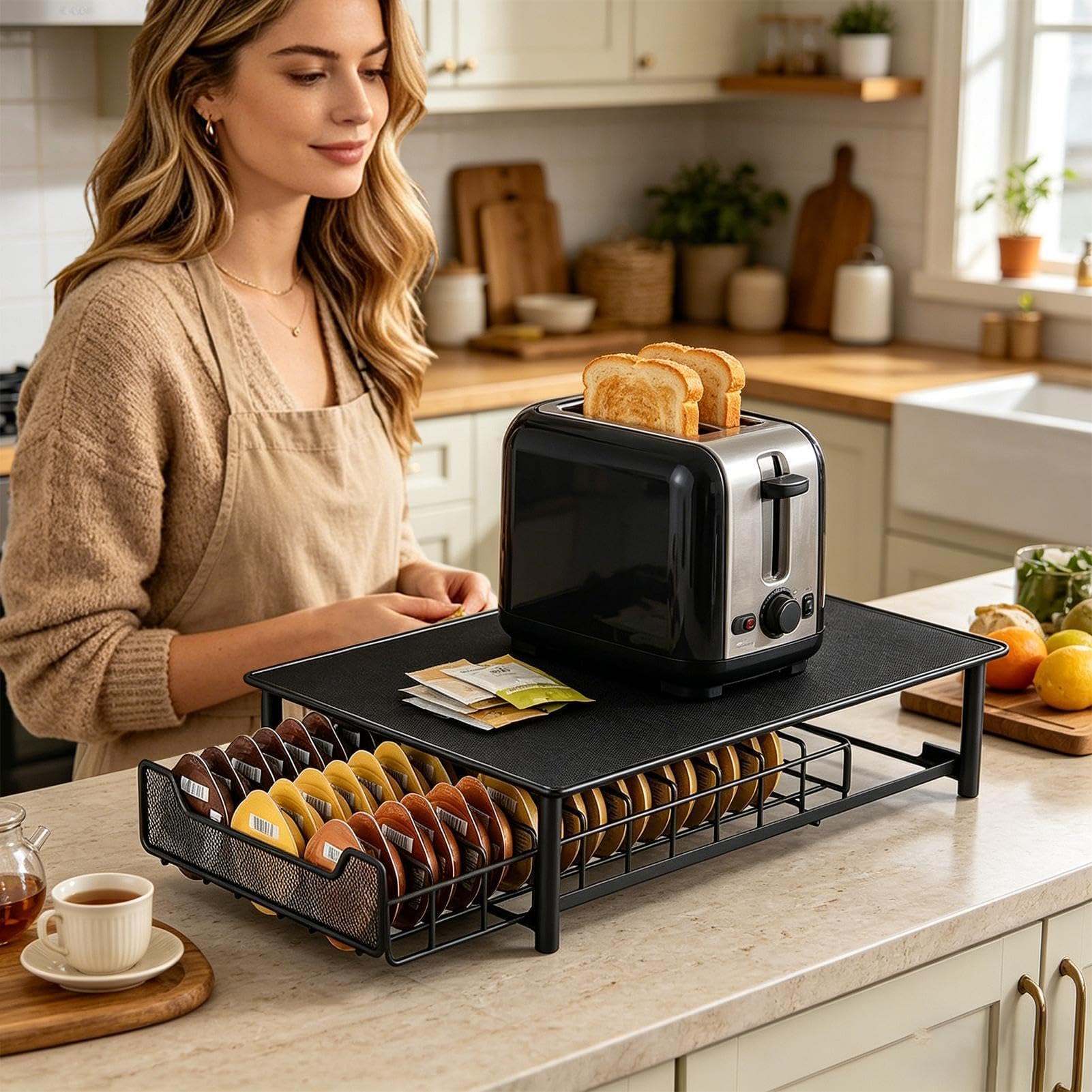 Kapselhalter & Kaffeemaschinen-Untersatz mit Schublade - Metall Organizer für 40-60 Kaffeepads - Platzsparender Ständer für Toaster, Monitor oder Drucker - Schwarz, 42 x 28 x 9,5 cm