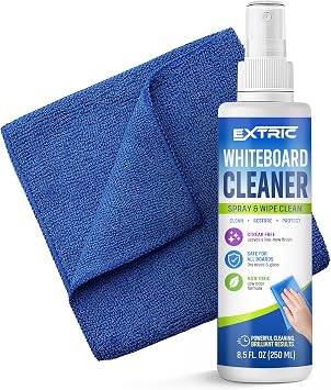 EXTRIC Non-Toxic Whiteboard Cleaner Spray 8.5 oz with Microfiber Cloth Low Odor Dry Erase Board Cleaner for Removing Ghosting, Streak-Free Cleaning for Whiteboards, Glass & Classroom Use