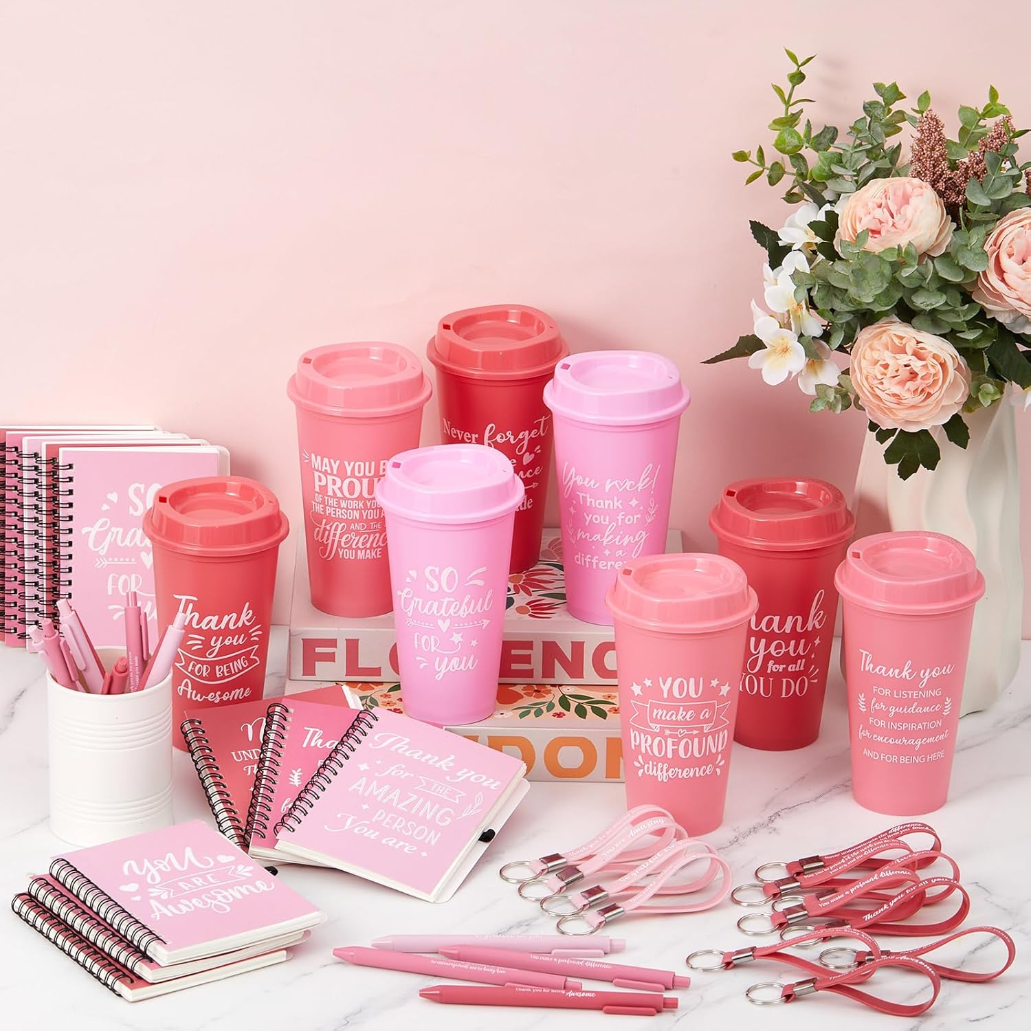 Skylety 12 Set/ 48 Pcs Employee Appreciation Gifts Bulk Thank You Valentines Gifts Set 16 oz Coffee Cups with Notebook Pen Keychain Galentines Party Favors for Staff Team Coworker (Pink Gradient) - Image 5