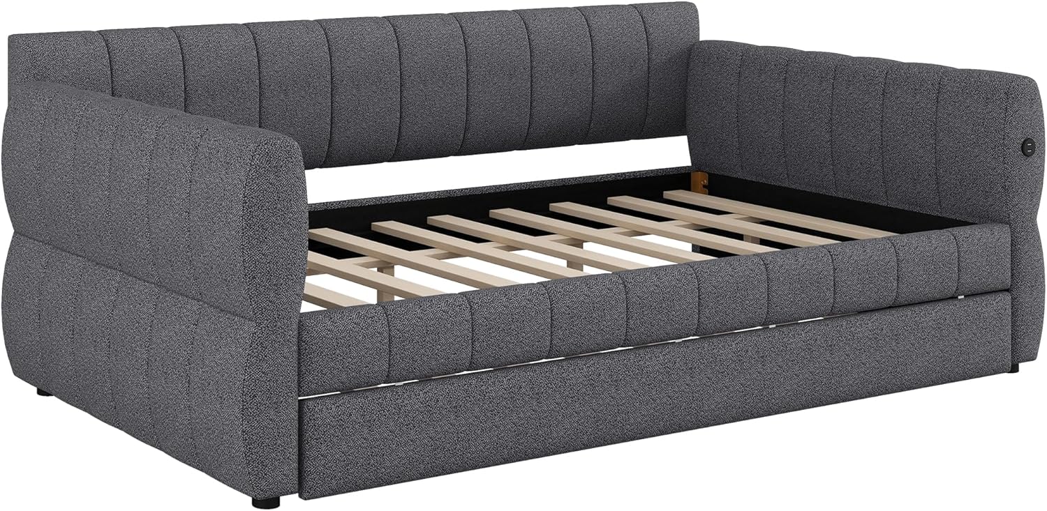Ball & Cast Queen Size Daybed with Trundle & USB Port,Boucle Upholstered Day Bed Frame with Channel Tufted Backrest,Queen Trundle Bed for Living Room, Guest Room,No Box Spring Needed,Gray