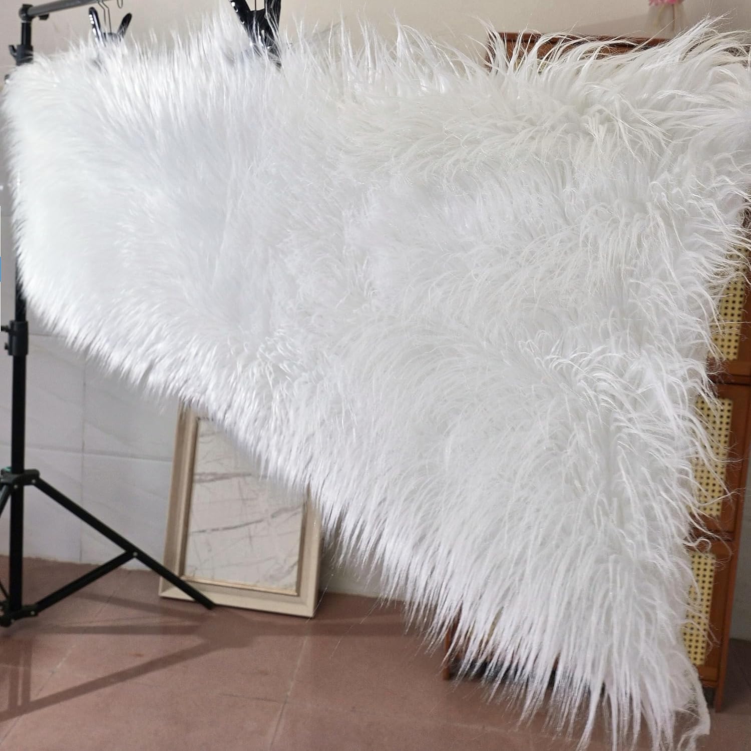 One Yard 60" x 36" Fluffy Plush White Faux Fur Fabric by The Yard Long Pile Soft Fake Fur Rug Material for Craft Sewing Gnome Beard Christmas Costumes and Home Decor