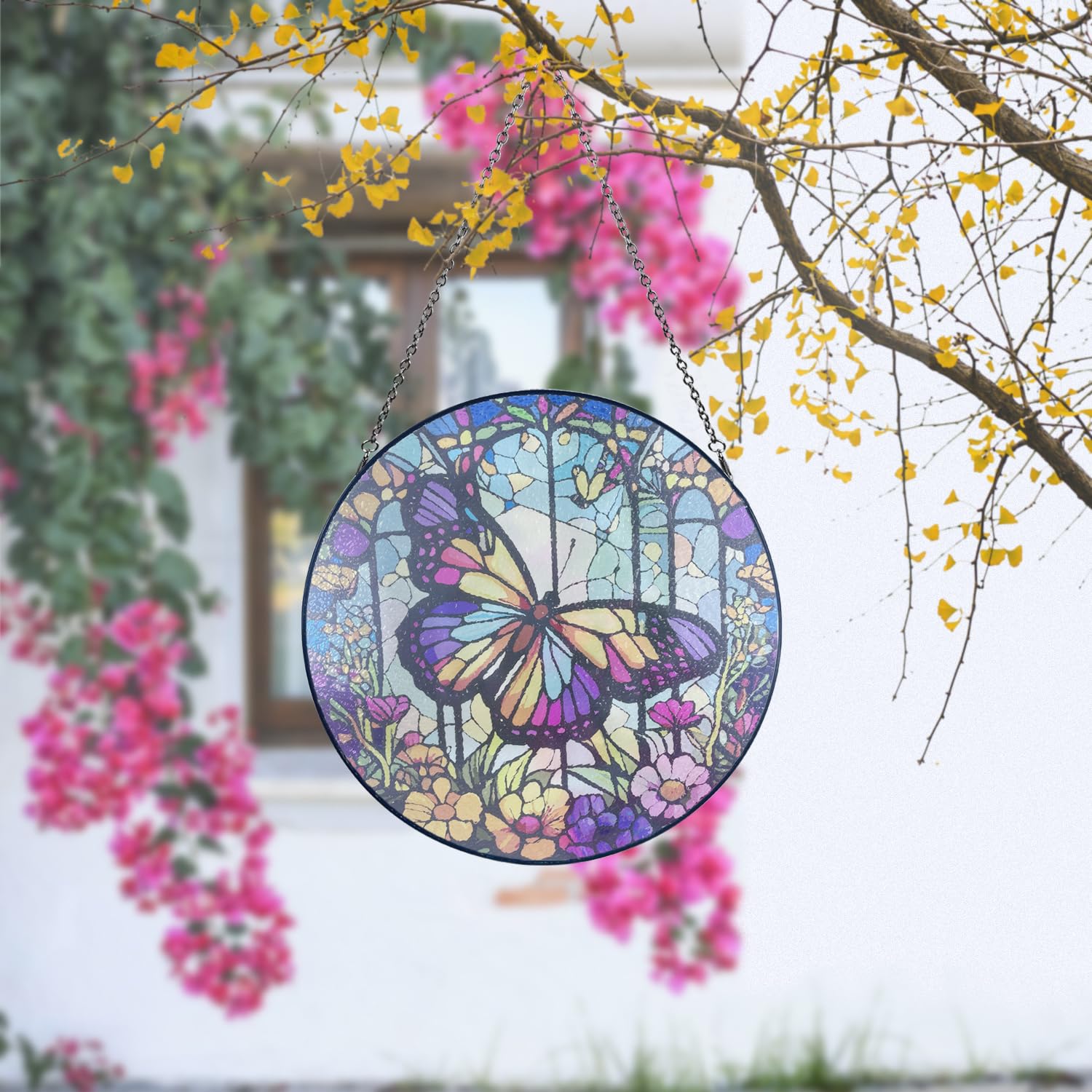30,5 cm Buntglas, großer Schmetterlings-Dekor, Fensterdekoration, handgefertigt für Fensterdekoration, bemalter Buntglas-Sonnenfänger, mit Metallkette