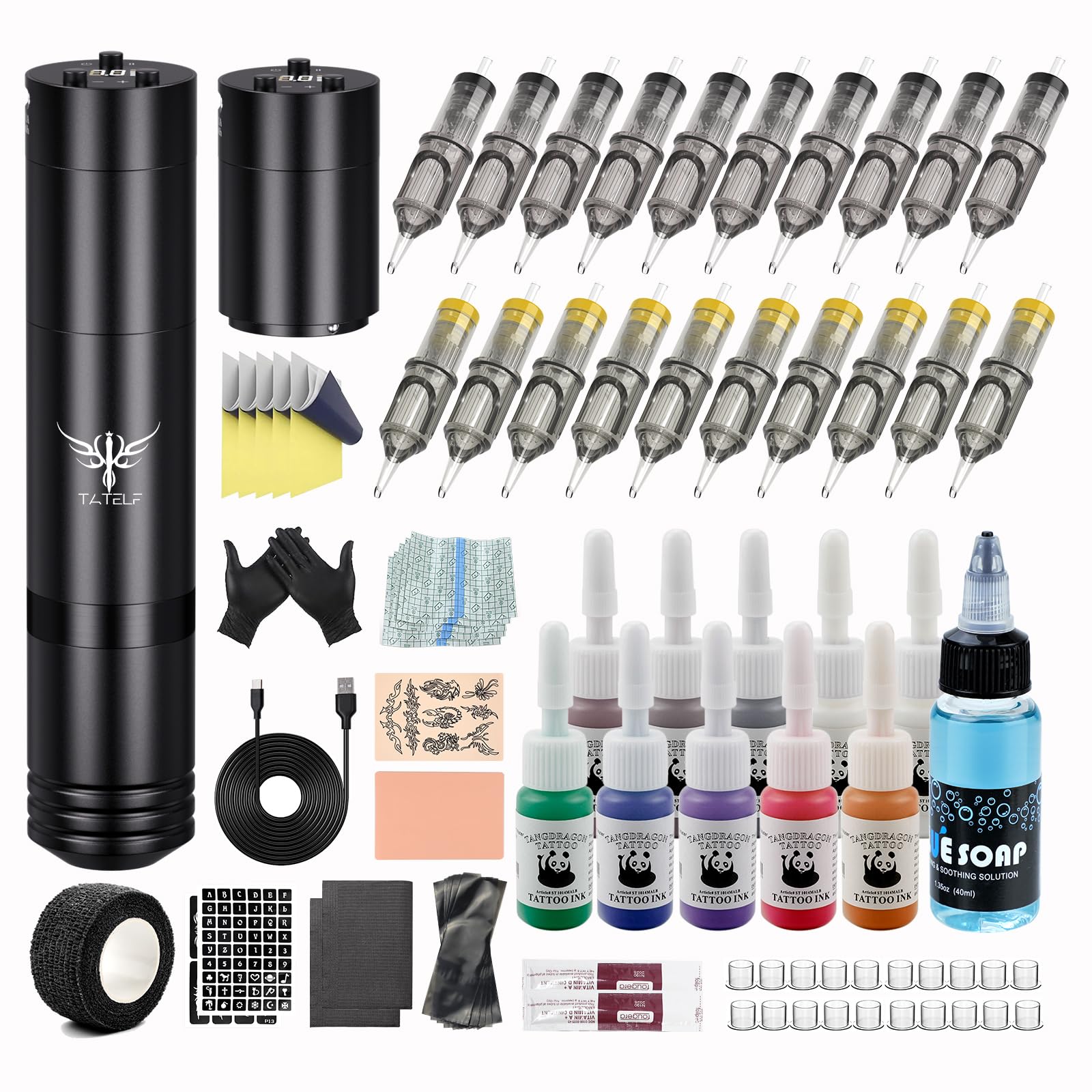 TATELF Set Completo de Máquina de Inalámbrica con 2 Baterías de 1500 mAh – Perfecto para Principiantes, Líneas Finas y Artistas Profesionales – Incluye 20 Agujas Estériles y 10 Botellas de Tinta