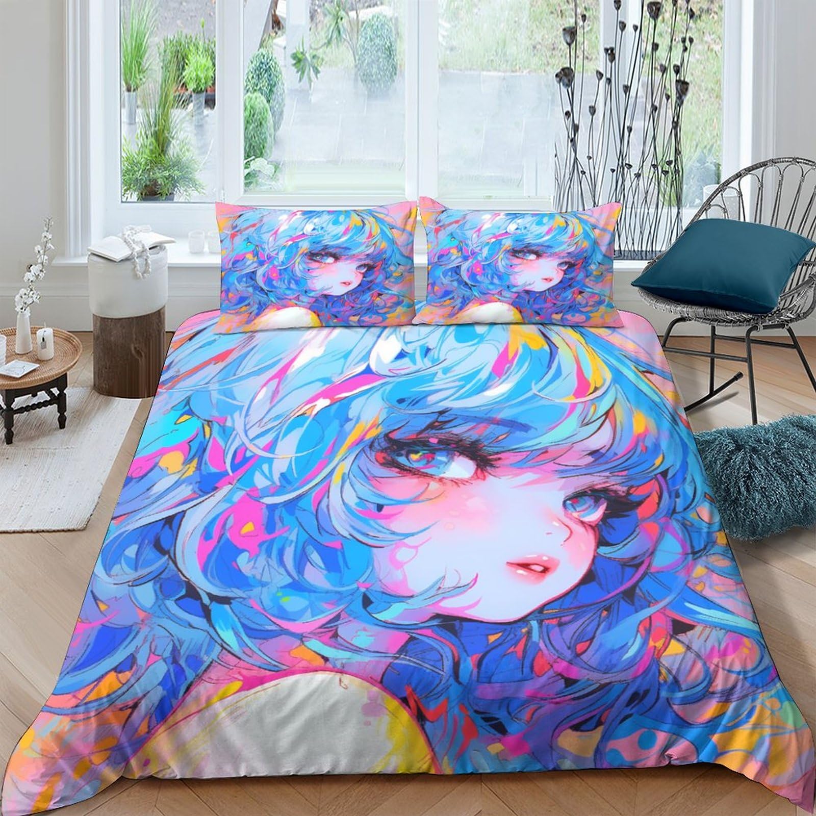 Housse de couette 3D respirante motif anime bleu pour lit enfant facile à laver