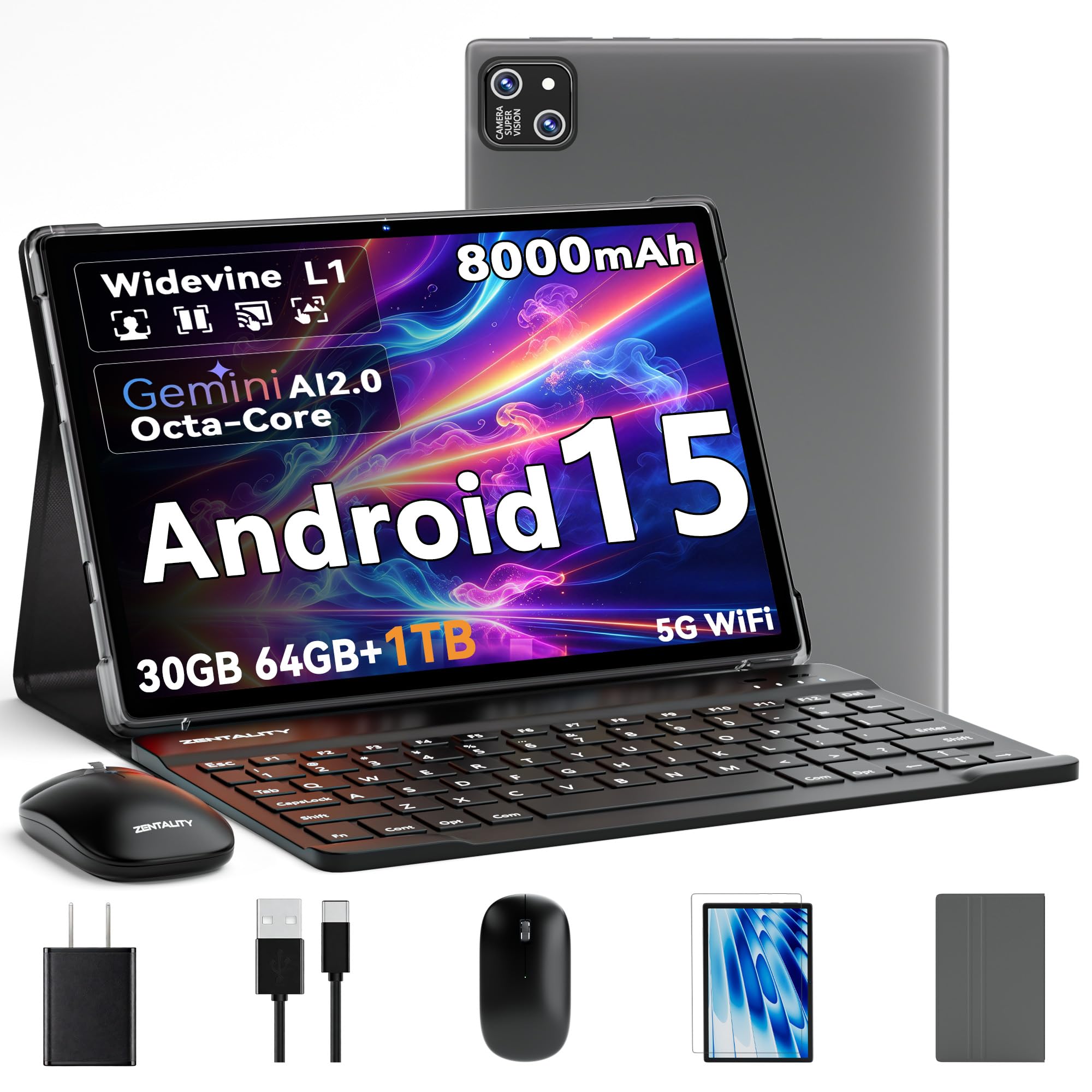2026 Android 15 Tablet 10 Inch Tablet with Keyboard Gemini AI Face Unlock 30GB RAM + 64GB…