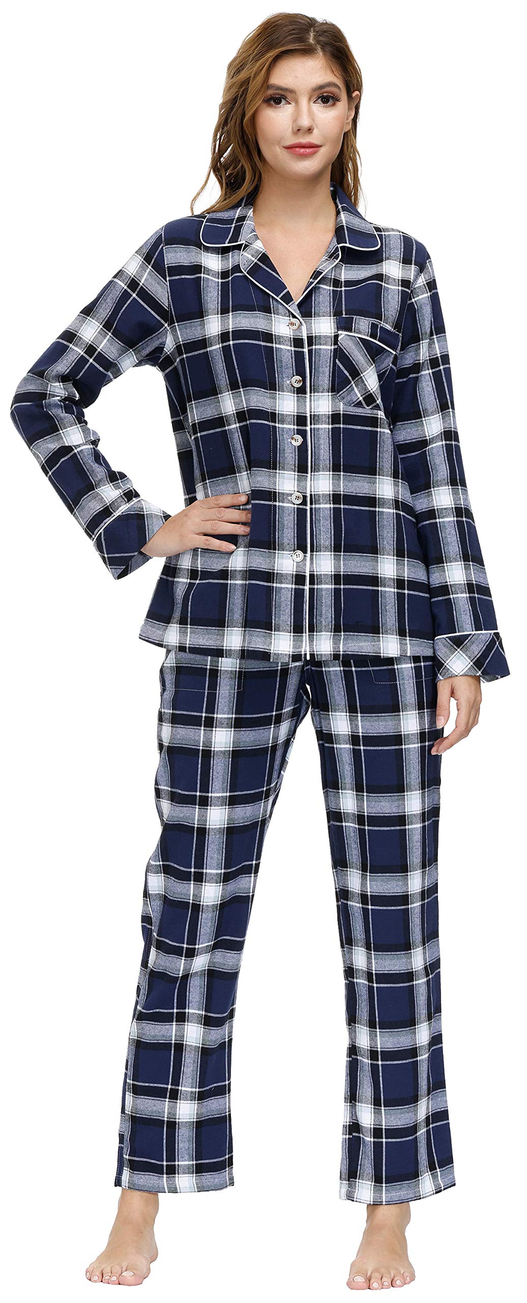 MoFiz Pyjama Femme Coton Ensemble de Pyjama Carreaux Vêtements de Nuit Boutonné à Manches Longues Pantalon avec Poches