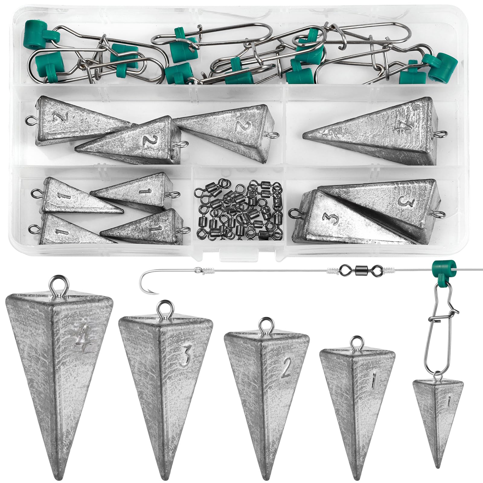 Annyswit 10 Pcs Pyramid Sinkers, Surf Fishing Weights, with Fishing Line Sinker Slides Catfishing Rig & Barrel Swivels Black Nickel for Saltwater Fishing Gear Tackle 1oz 2oz 3oz 4oz
