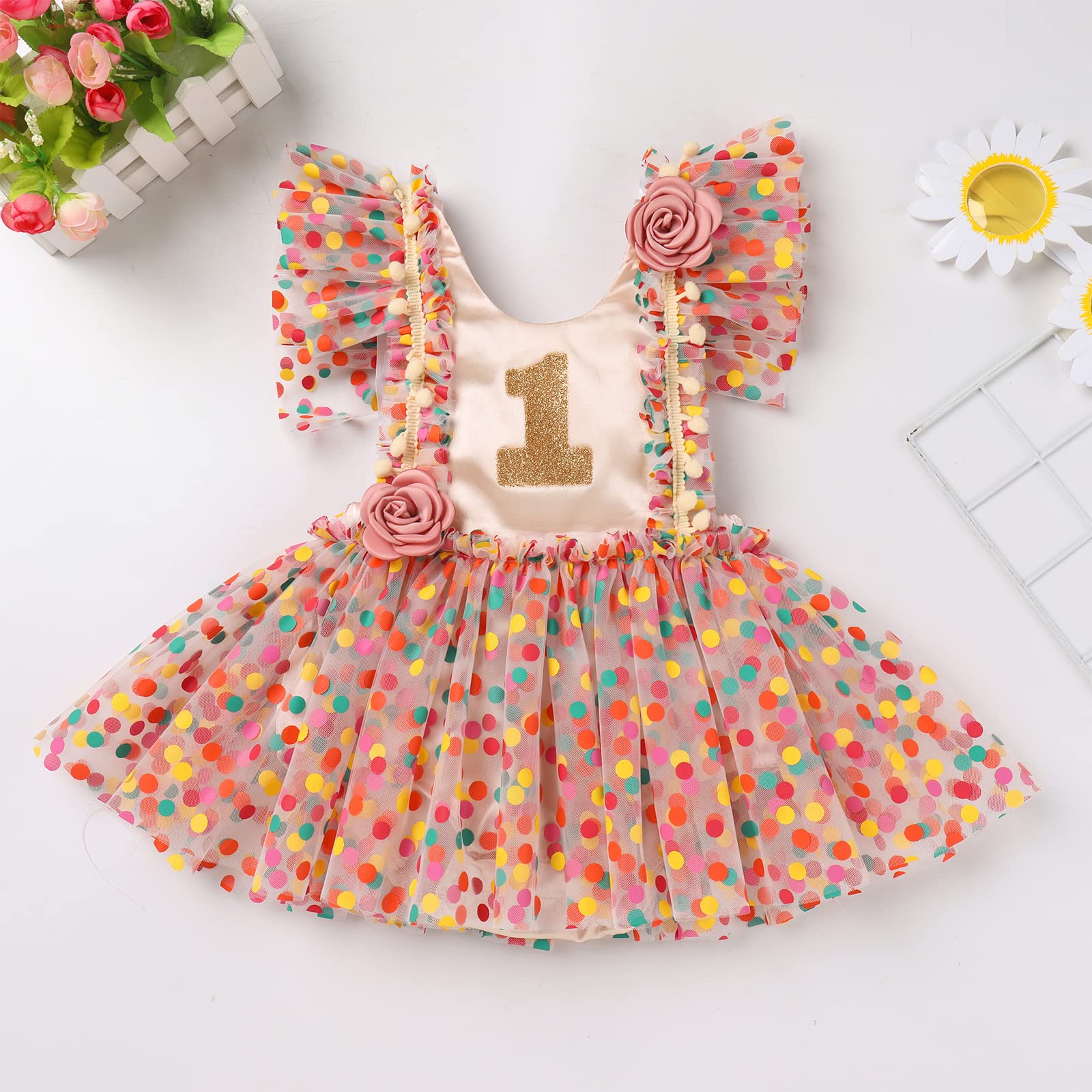 Baby Girls 1st Birthday Outfit Colorful Polka Dots Romper Dress Baby Ruffle Rainbow Princess Party Tulle Dress Cake Smash Photo Shoot Tutu Dresses Rainbow Polka 1 Year