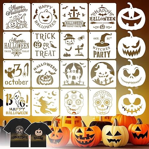 Plantillas faciales de calabaza de Halloween para pintar 20 plantillas grandes de calavera de Halloween de 6 pulgadas, reutilizables para pintura de