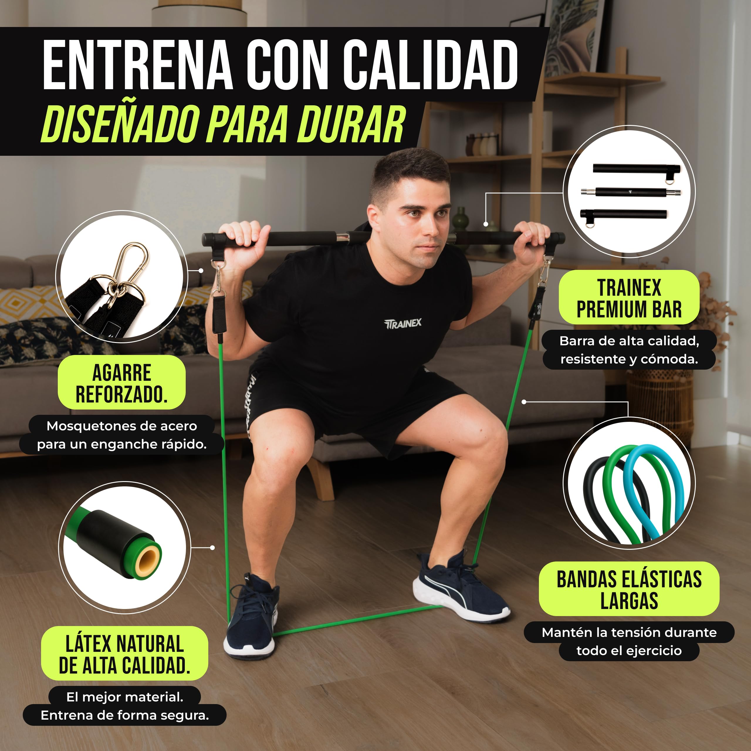 Bandas Elásticas de Musculación con Barra | Gomas de Resistencia hasta 100 kg | Kit de Entrenamiento en Casa Completo | TRAINEX