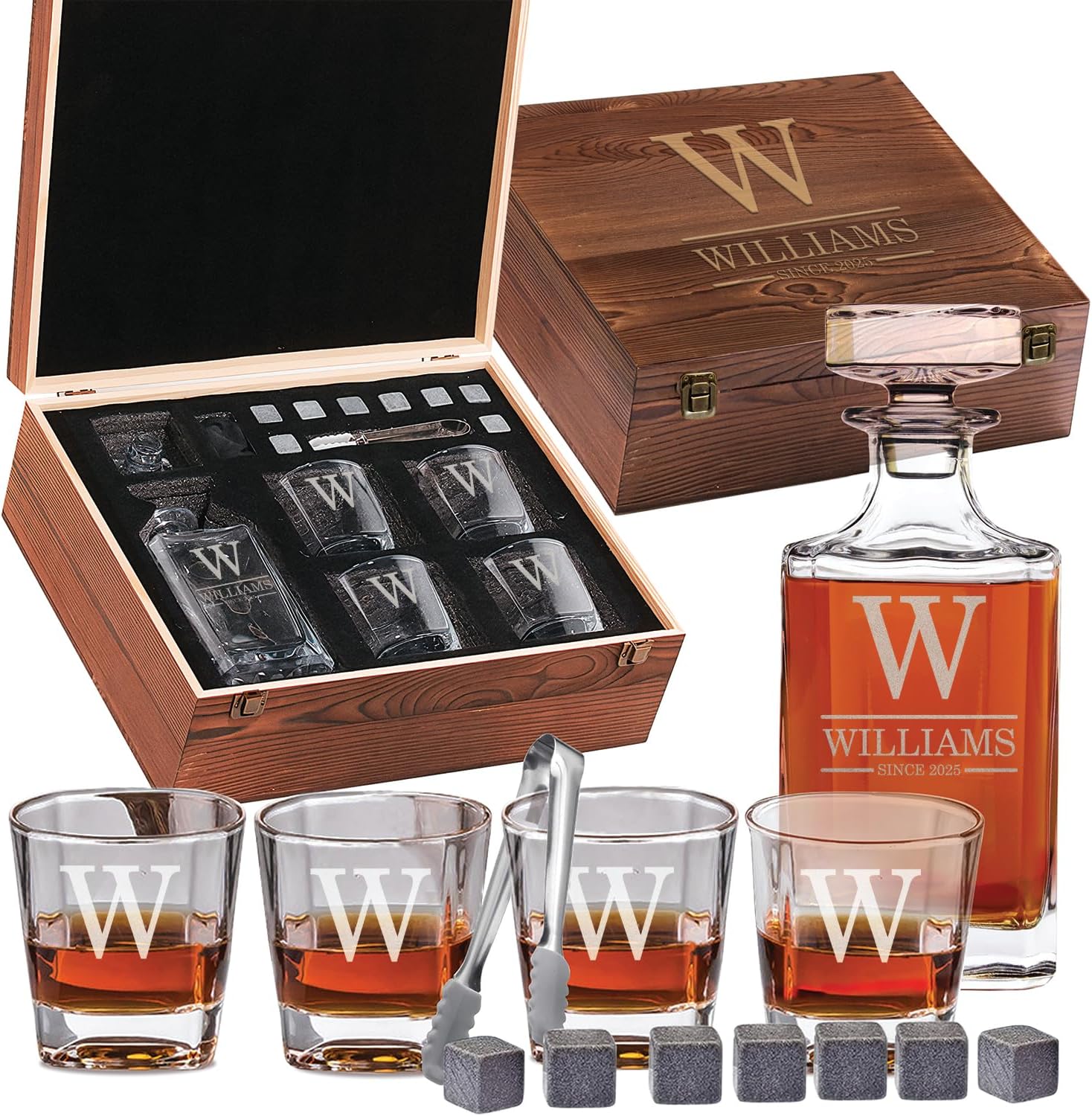 Custom Engraved Monogram Since Year Whiskey Gift Set – 34 oz Liquor/Bourbon Decanter with 4 Glasses, Whiskey Stones, Tongs & Wood Box – Premium Whiskey Gift for Men, Husband, Dad, or Boyfriend
