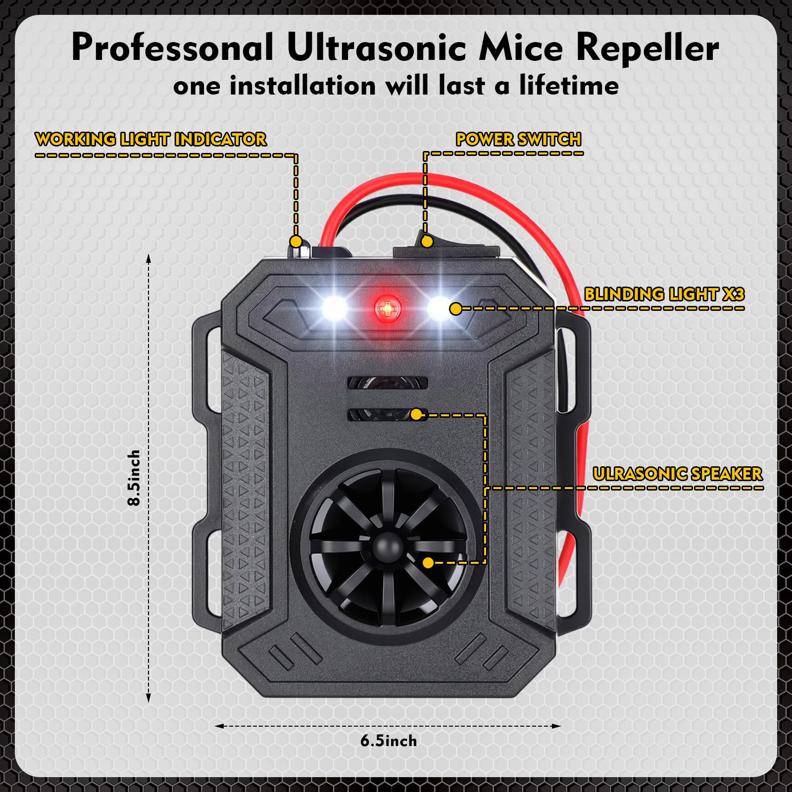 Lot de 4 répulsifs anti-rongeurs sous le capot avec lumière stroboscopique et 3 méthodes d'alimentation, répulsif professionnel à ultrasons pour souris, rats, écureuils, pour voiture, camion