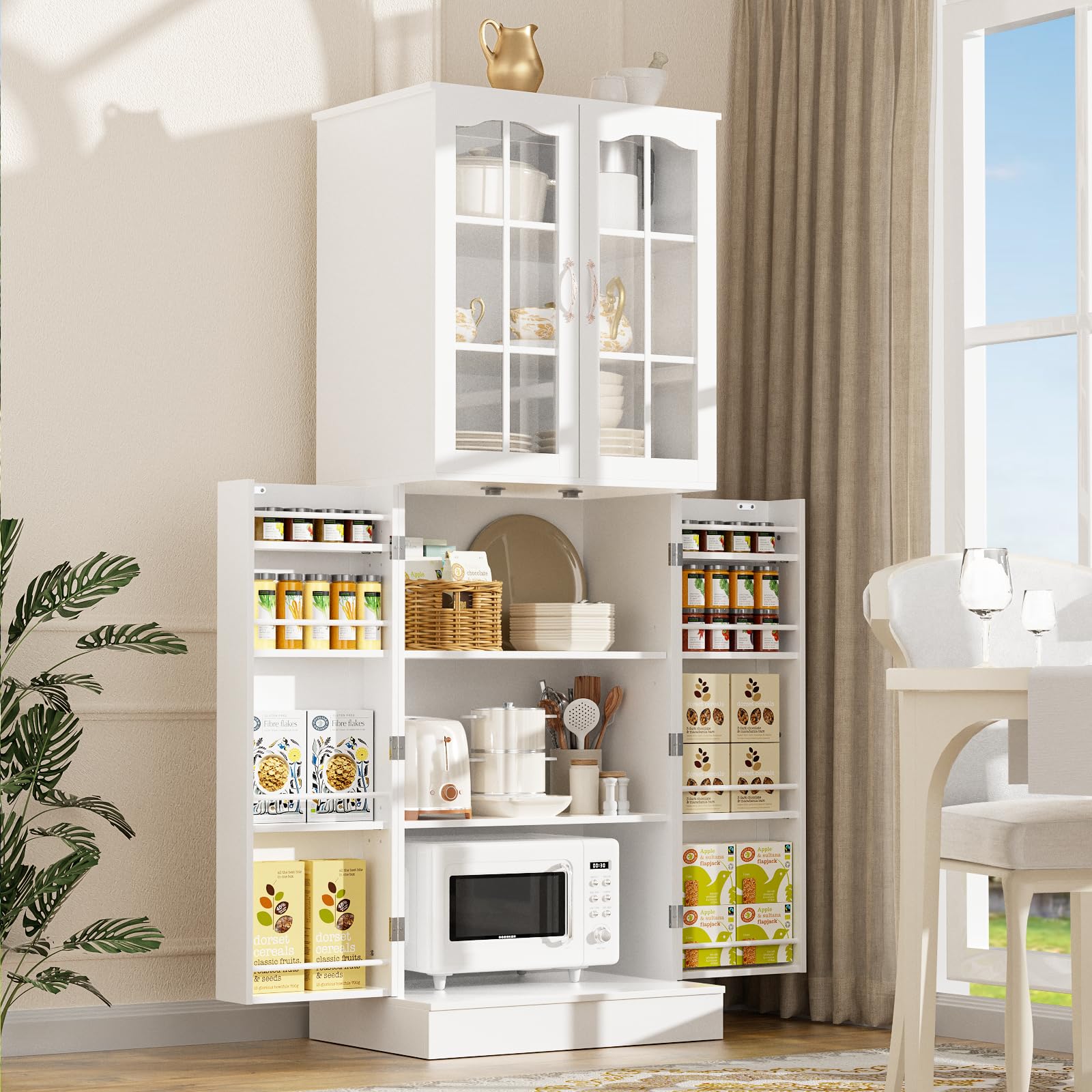 64" Kitchen Pantry Cabinet, Pantry Storage Cabinet with Adjustable Shelves, Kitchen Buffet Cupboards Storage Cabinet for Home Office Use (White, 16" D x 24" W x 64" H)