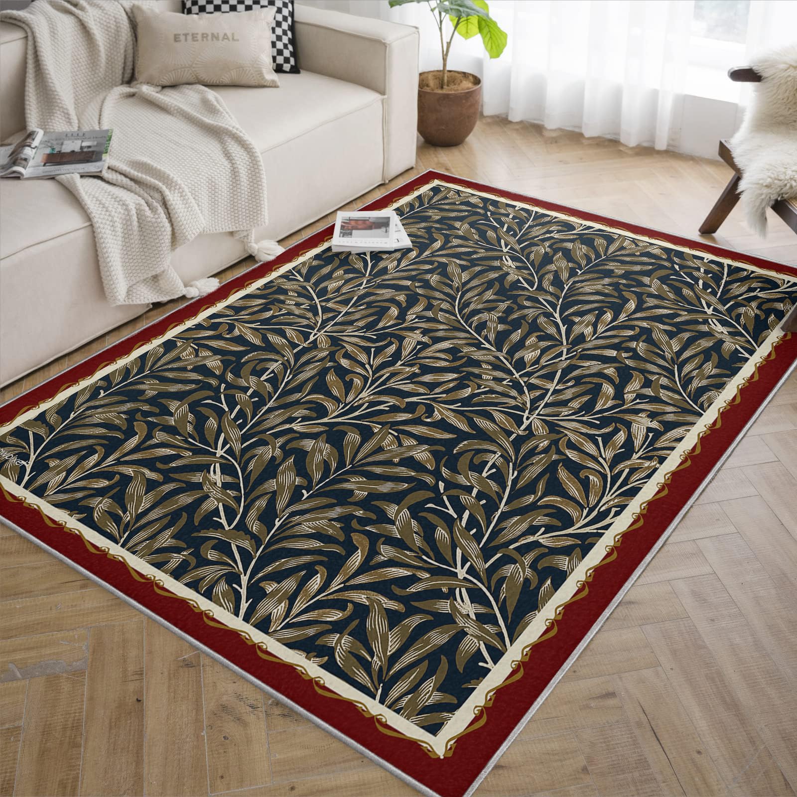 Dywany Bohemian Liść 160x200cm Dywany Salon Dywan Botaniczny Miękkie Niskie Włosy Antypoślizgowe Jadalnia Dywan Wewnętrzny Brązowy Wierzba Liście Odporne Na Plamy Gry