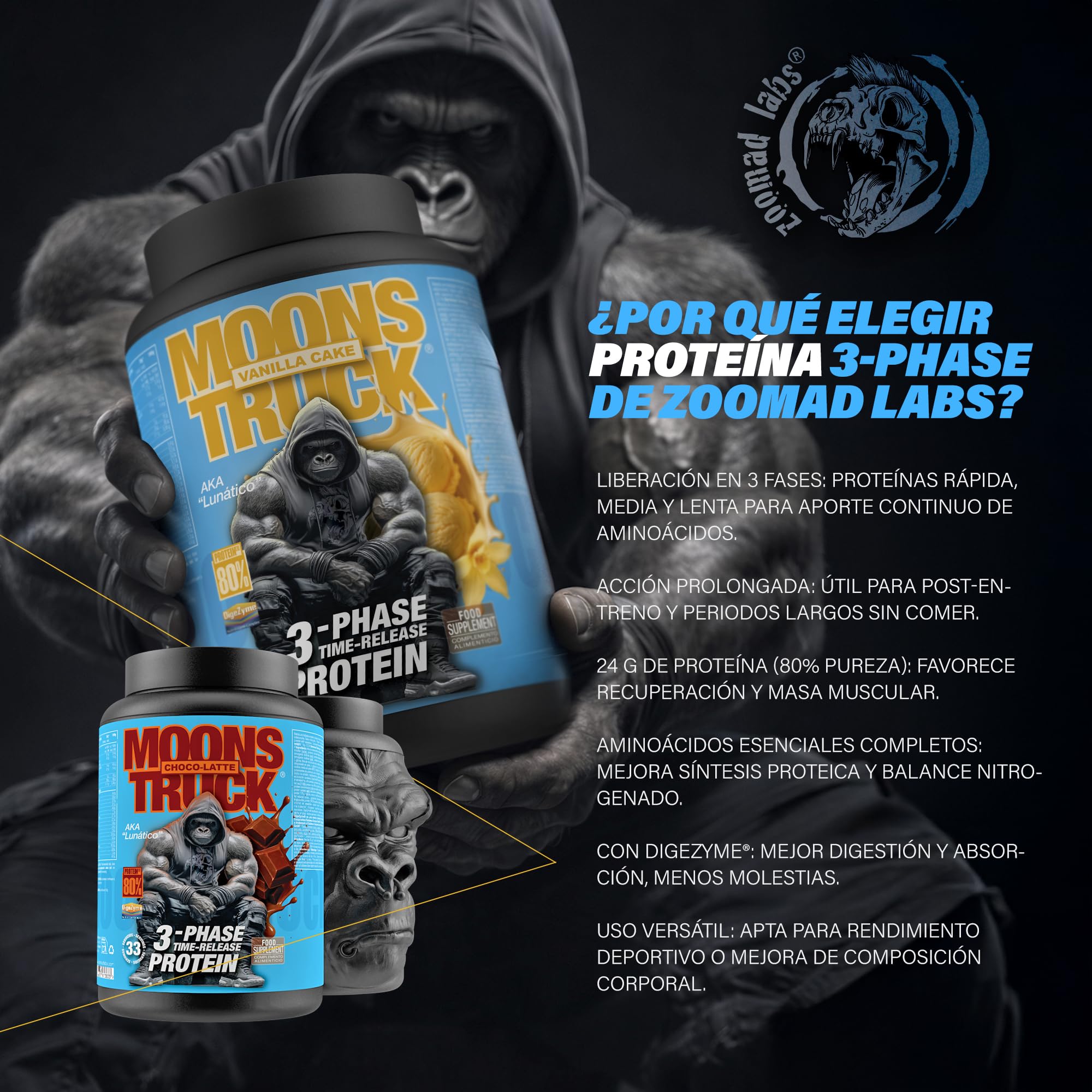 Zoomad Labs MOONSTRUCK 3-Phase Whey Protein 1 kg Chocolate | Proteínas Whey Isolada + Concentrada + Caseína Micelar con DigeZyme | 24 g Proteína · 80% Pureza · 33 Tomas Time-Release