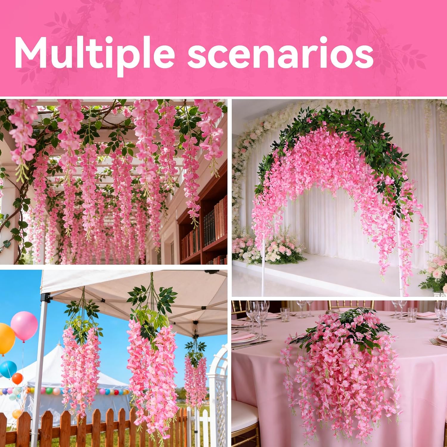 50Pcs Wisteria Hanging Flowers,3.6 Feet/Piece Pink Hanging Flowers Fake Wisteria Flowers Silk Artificial Garland for Decoration Wedding Party Arch Ceremony Garden Home Backdrop Decor