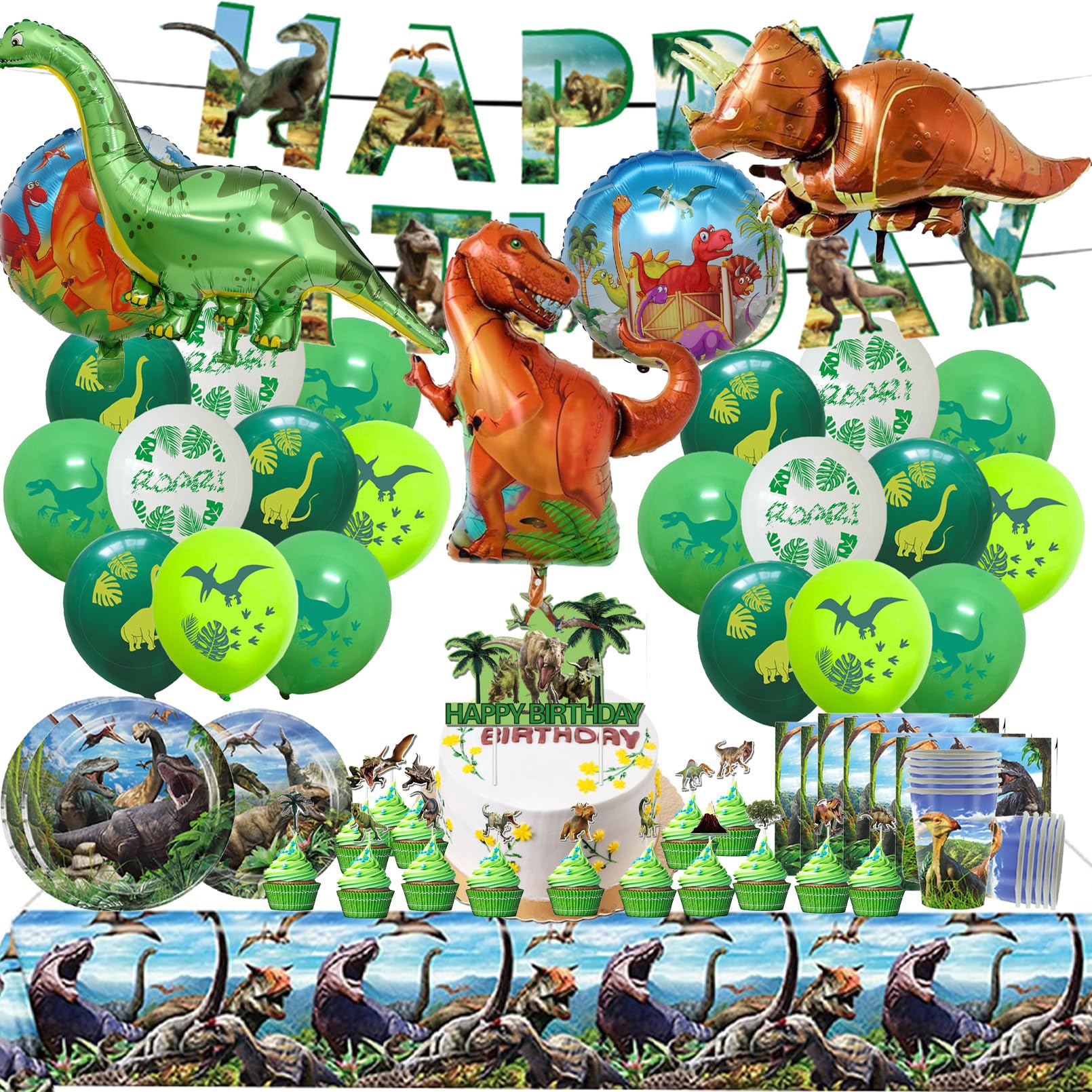 93 Pezzi Dinosauri Stoviglie per Feste di Compleanno，Addobbi Compleanno Dinosauri，Tovaglioli, Tovaglia, Piatti di Carta