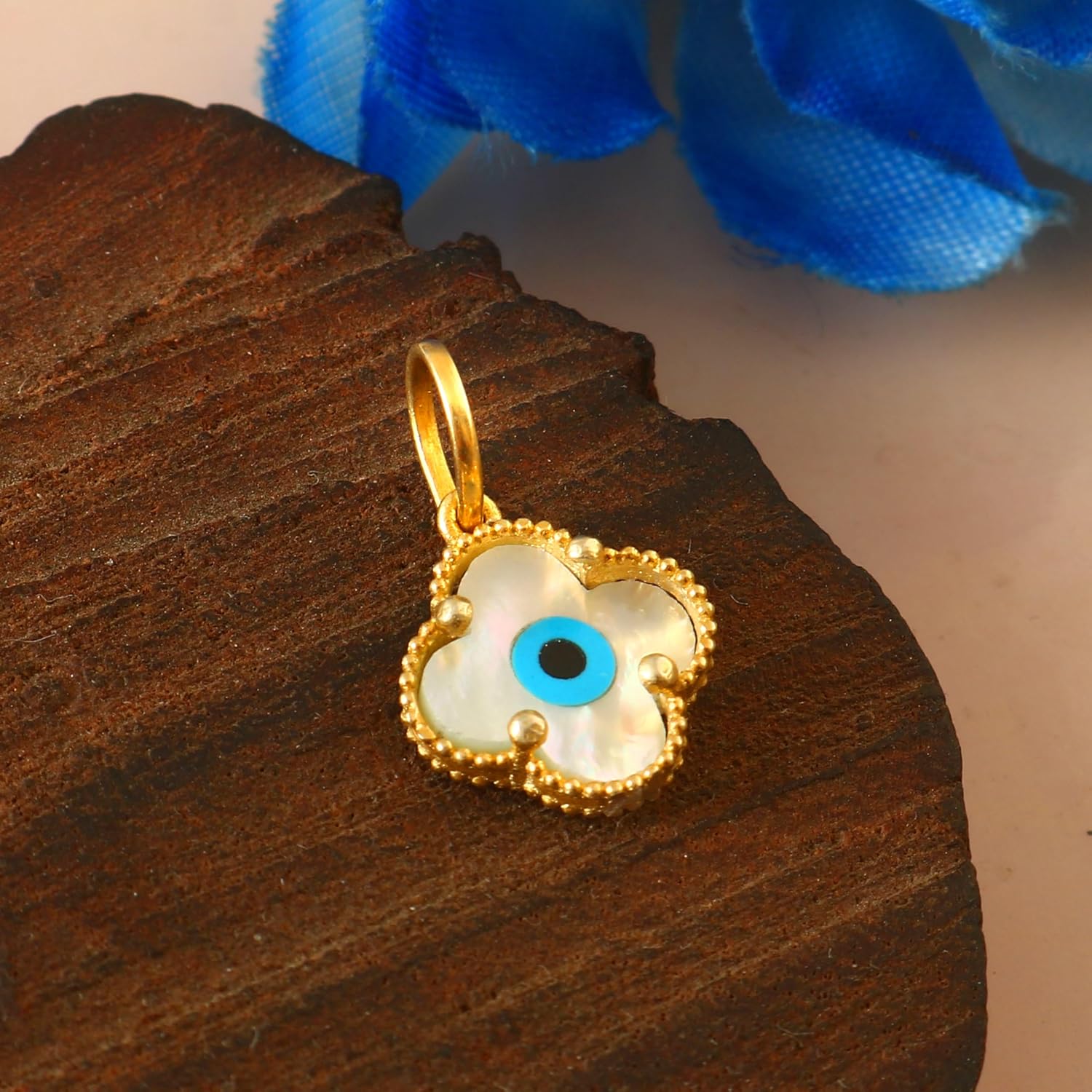 Mother of Pearl Evil Eye Pendant, 18k Solid Gold Clover Design, Blue Glass, Charm Necklace - Image 3