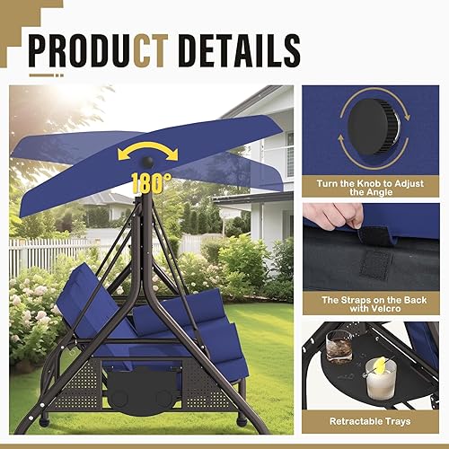 Miniatura 5 de Betterland Silla de columpio de 3 asientos para patio, columpio de porche al aire libre con cojines, almohadas y portavasos, columpio exterior