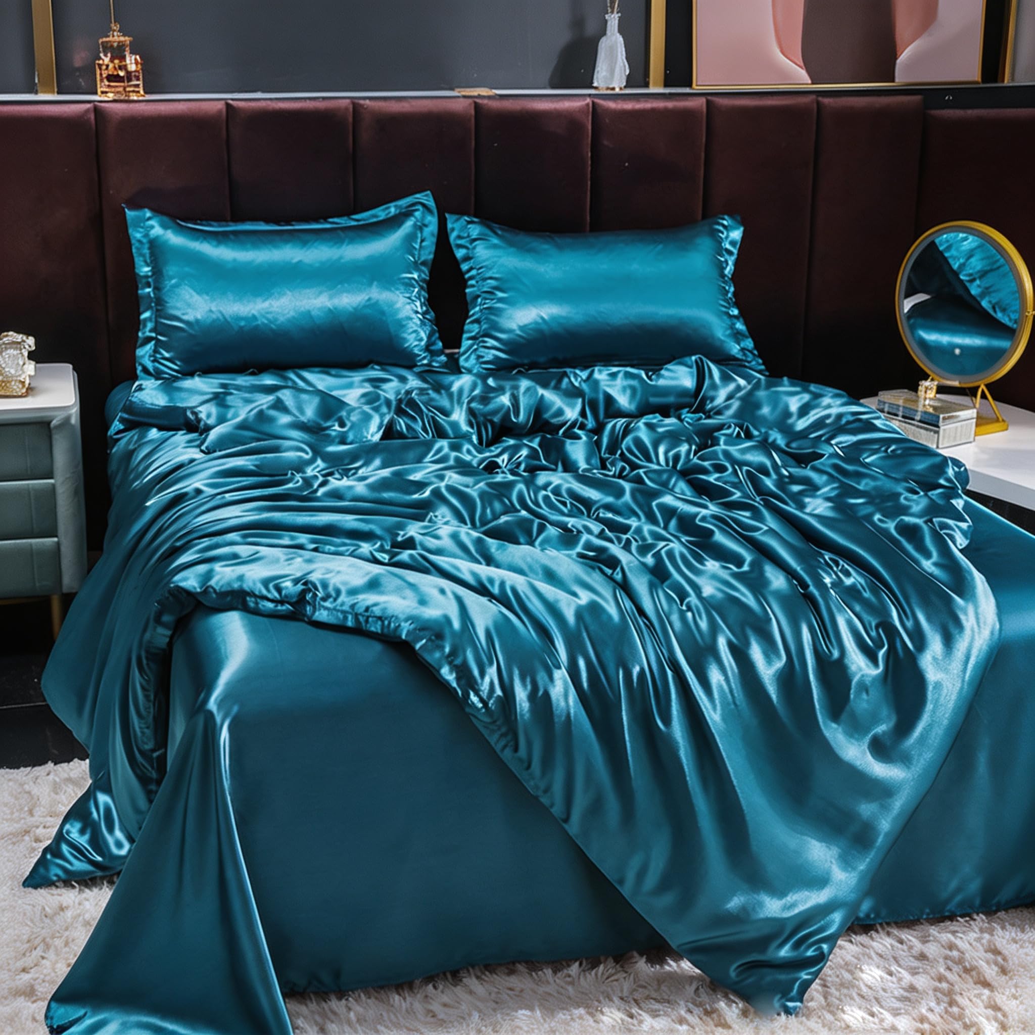 Set copripiumino per letto matrimoniale, 3 pezzi, tessuto satinato liscio e setoso, include 1 copripiumino, 1 lenzuolo con angoli e 1 federa, tinta unita
