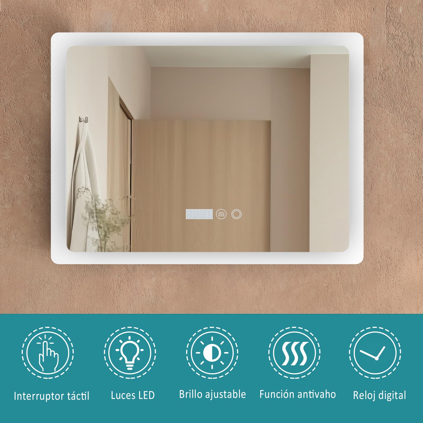 YU YUSING Espejo de Baño con Luz LED Regulable en 3 Colores, 80x60cm, Espejo de Pared Iluminado, Interruptor Táctil, Función Antivaho, Visualización Tiempo, Clase Protección IP44