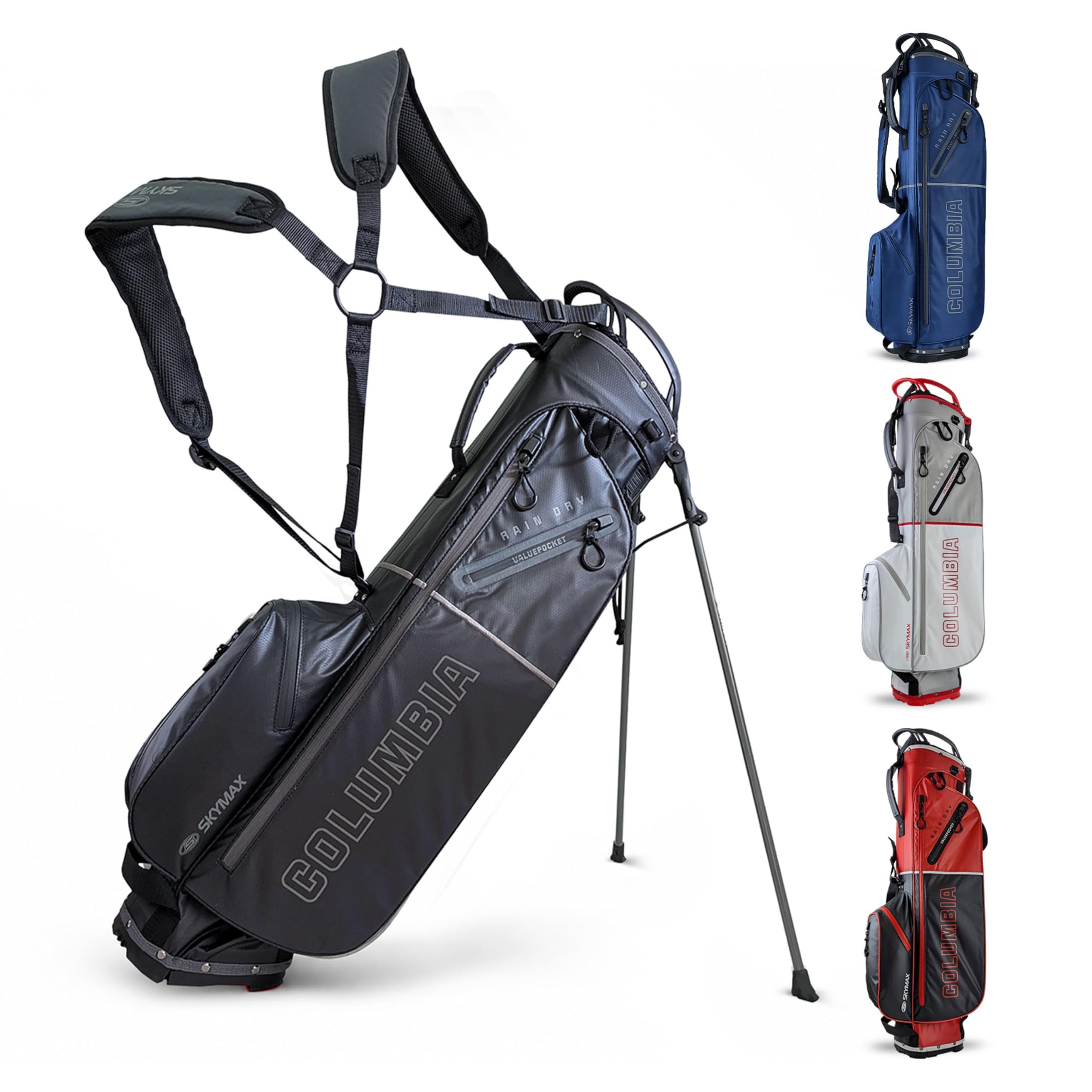 Skymax Columbia Rain Dry Stand Bag 2.0 Black/Grey – Waterproof Golf Stand Bag with 5 Pockets, Dual Strap & Rain Hood
