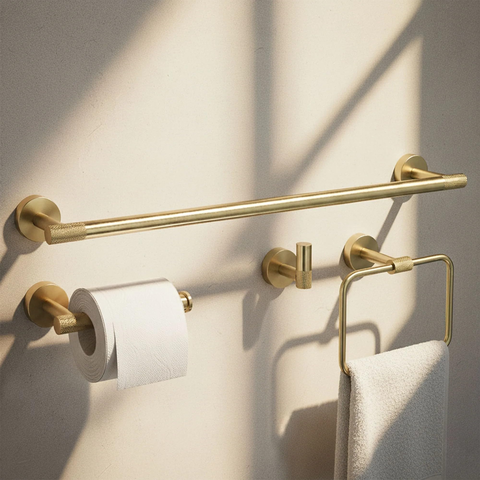 Rea - Juego de Perchas de baño Grid 4 Piezas - Oro Cepillado - Metal - 60 x 8,5 x 5 cm