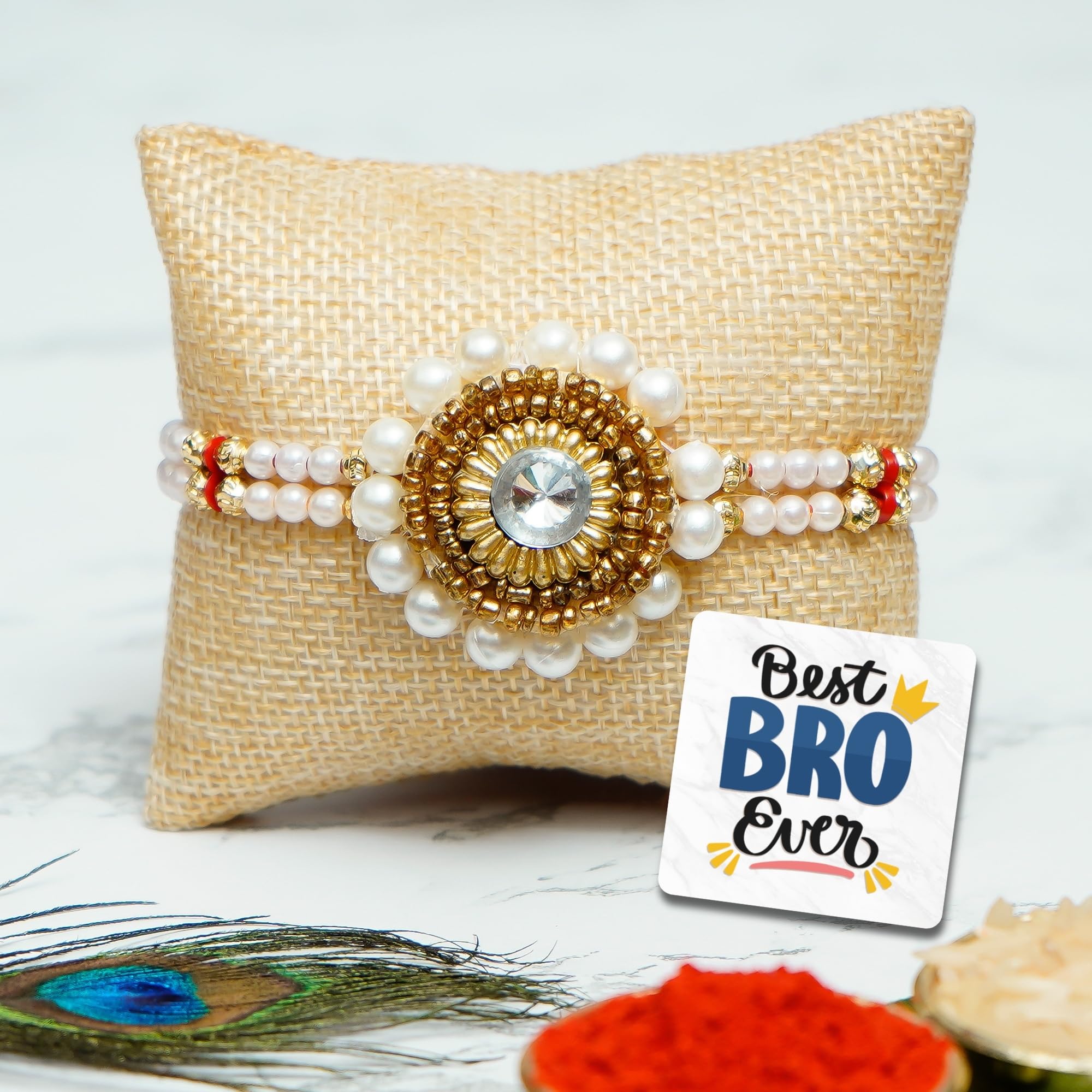 eCraftIndia Pearl Designer Rakhi for Brother with Best Bro Ever Fridge Magnet and Roli Chawal Pack-picture-16